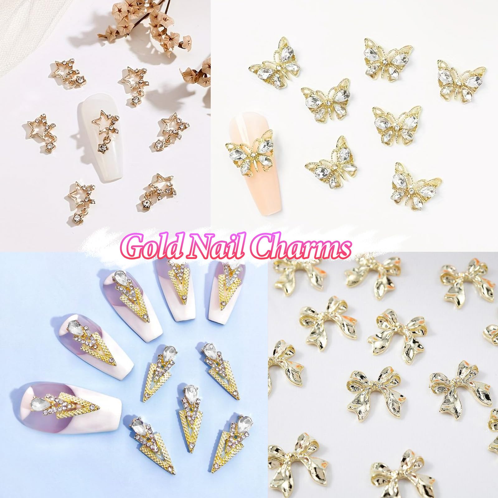 3D Nail Charms and Gems - Dangle Charms, AB Rhinestones, Flatback Pearls for Nail Art - Butterfly, Heart, Star, Crown, Planet Gold Decorations - DIY Nail Art Supplies for Parties, Weddings, and Special Occasions