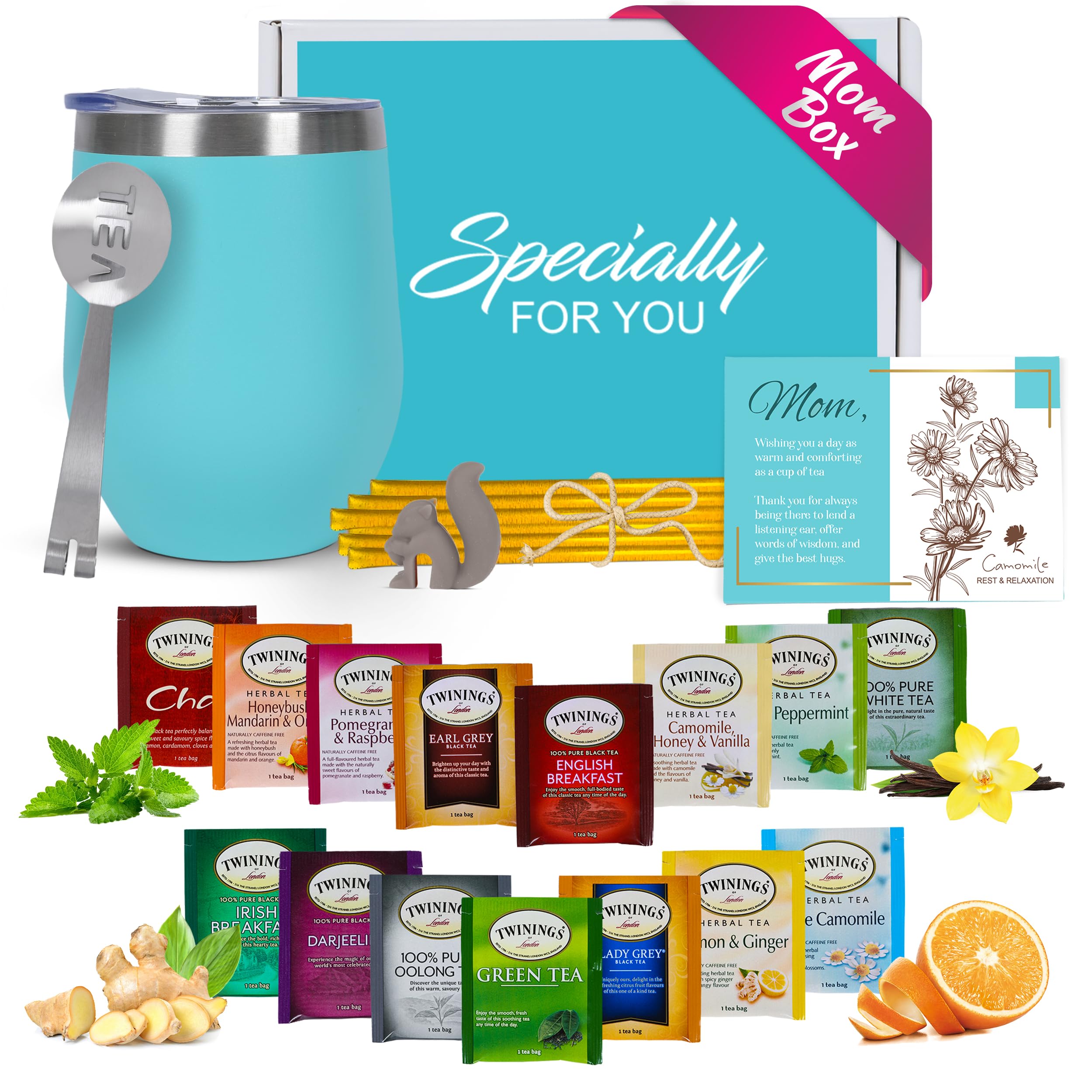 Premium Tea Gift Set for Women & Men - 15 Unique Teas, Stainless Tumbler, 10 Honey Straws, Elegant Gift Box with Mom Card (Teal) - Perfect for Holidays, Birthdays, and Relaxing Moments