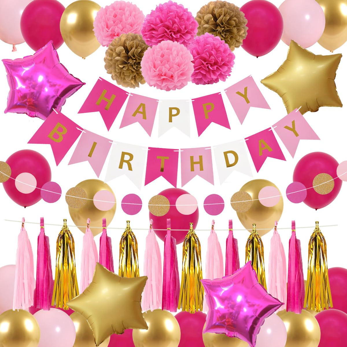 Hot Pink & Gold Birthday Party Decorations Set - Happy Birthday Banner, Tissue Pom Poms, Tassel Garland, Rose Red Balloons & Star Balloons for Women & Girls Birthday Supplies - Perfect for Baby Showers, Bridal Showers & Birthday Celebrations