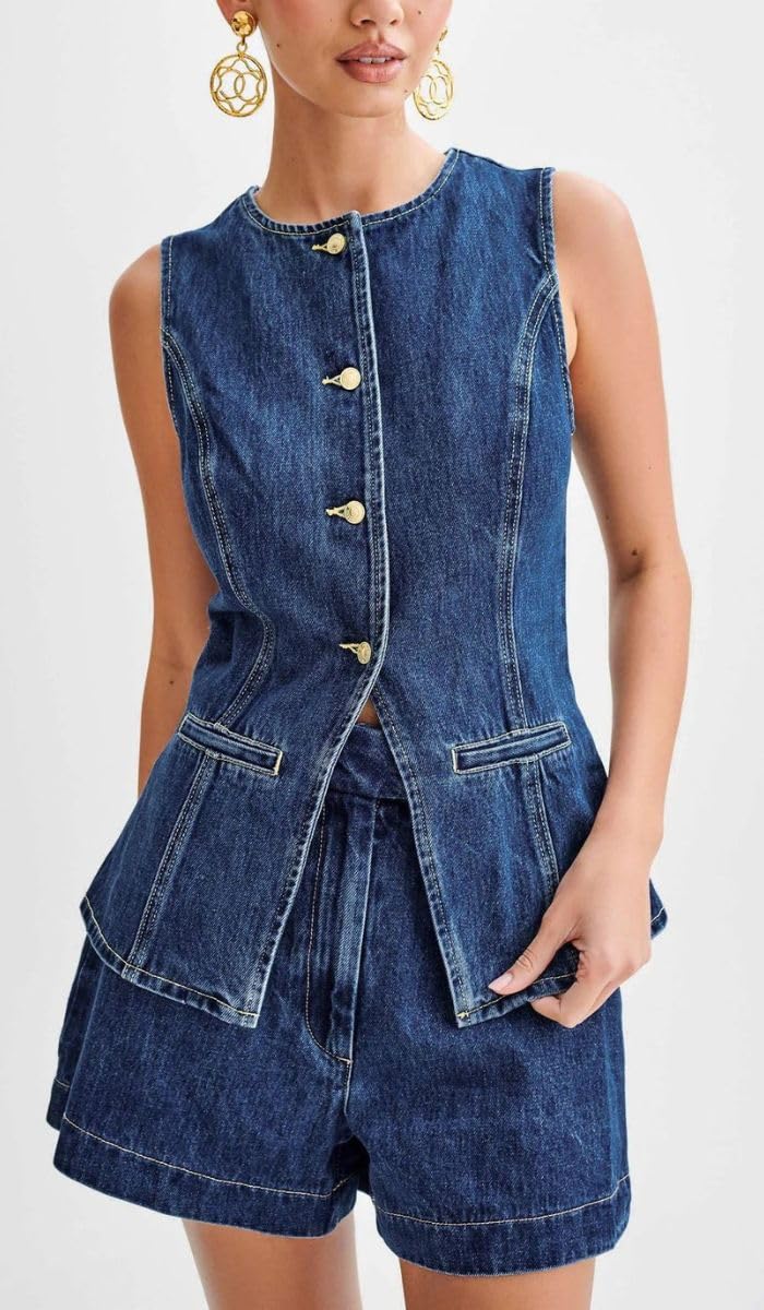 Trendy Women's Denim 2-Piece Outfit - Casual Button Down Sleeveless Top & High Waist Jean Shorts | Perfect for Summer Outings, Beach Vacations and Street Style Fashion