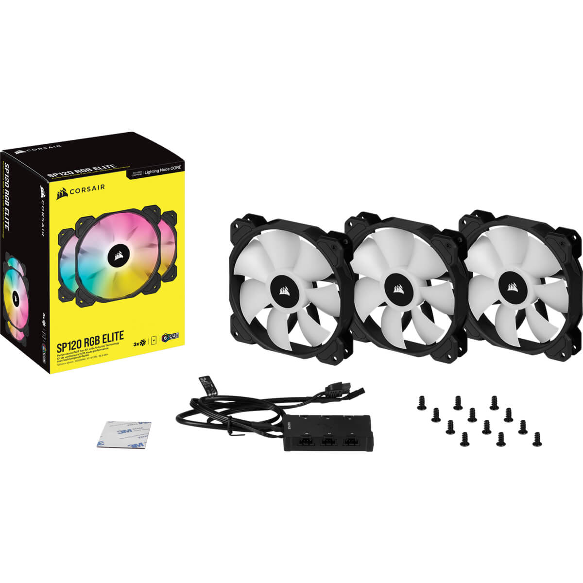 Corsair iCUE SP120 RGB ELITE High Performance 120mm PWM Cooling Fan - Triple Pack with Lighting Node CORE - Perfect for PC Gaming, Case Cooling, and Custom RGB Builds