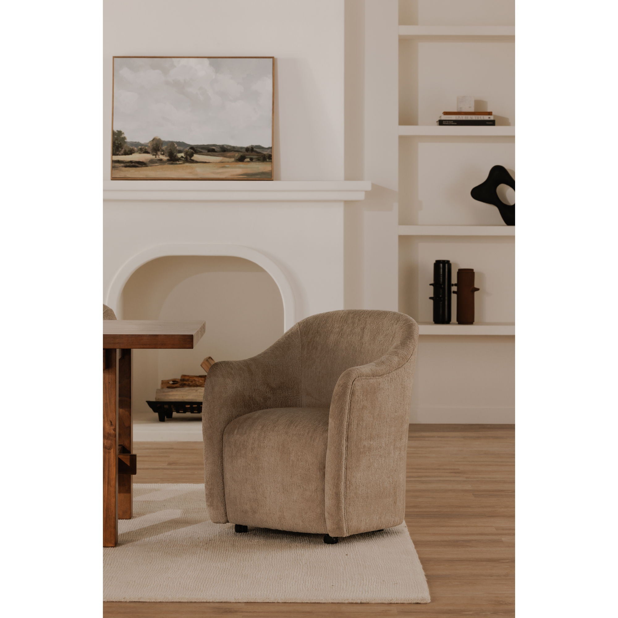 Drava Rolling Dining Chair - Beige Upholstered Swivel Bar Stool with Wheels for Kitchen Island, Breakfast Nook & Home Office