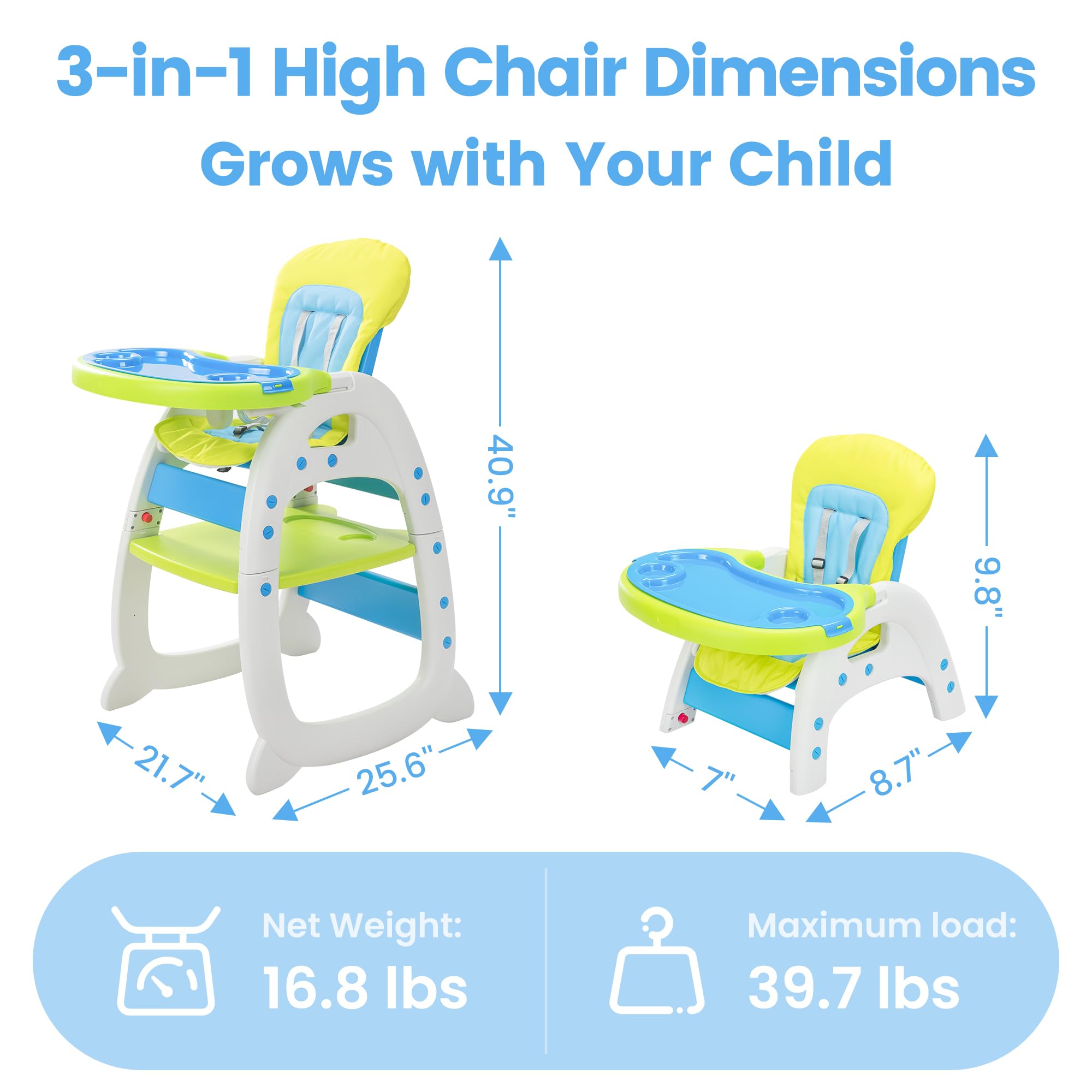SANDINRAYLI Convertible High Chair for Babies & Toddlers (6 Months to 6 Years) - Adjustable Baby Feeding Chair with Easy-Clean Design - Green | Perfect for Dining, Weaning & Family Mealtime
