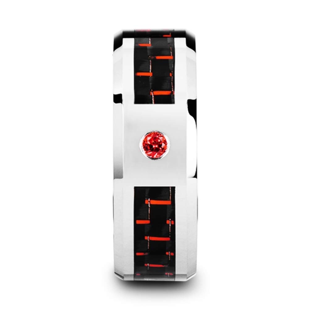 ADRIAN 8mm Comfort Fit Tungsten Carbide Men's Wedding Band Ring - Black & Red Carbon Fiber Inlay with Lab-Created Red Ruby - Bezel Set, Beveled Edges - Durable & Scratch-Resistant for Daily Wear - Perfect for Weddings, Anniversaries & Special Occasions