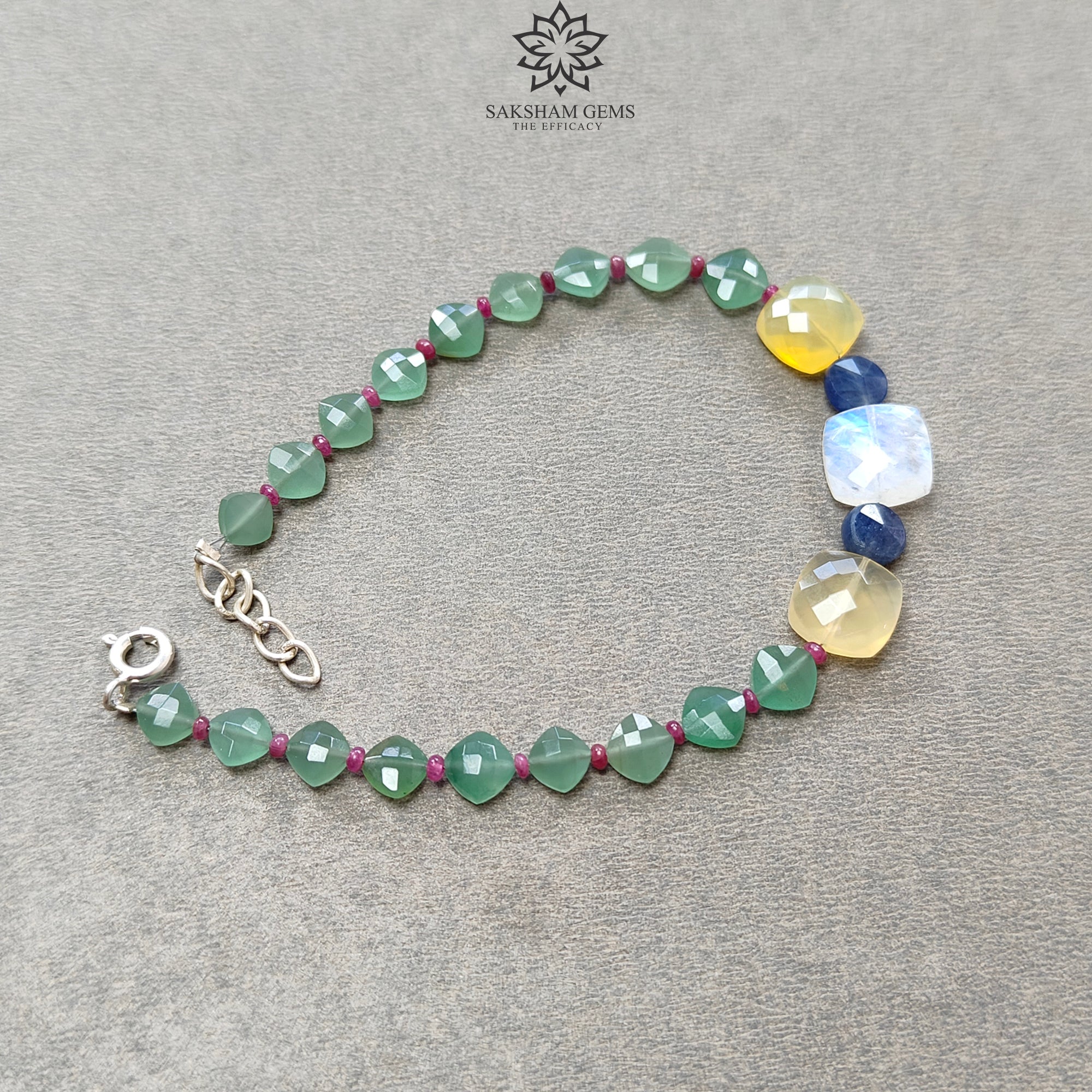 Green Quartz Yellow Opal Moonstone Sapphire Ruby Gemstone Beaded Bracelet - 925 Sterling Silver Checker Cut 8.5