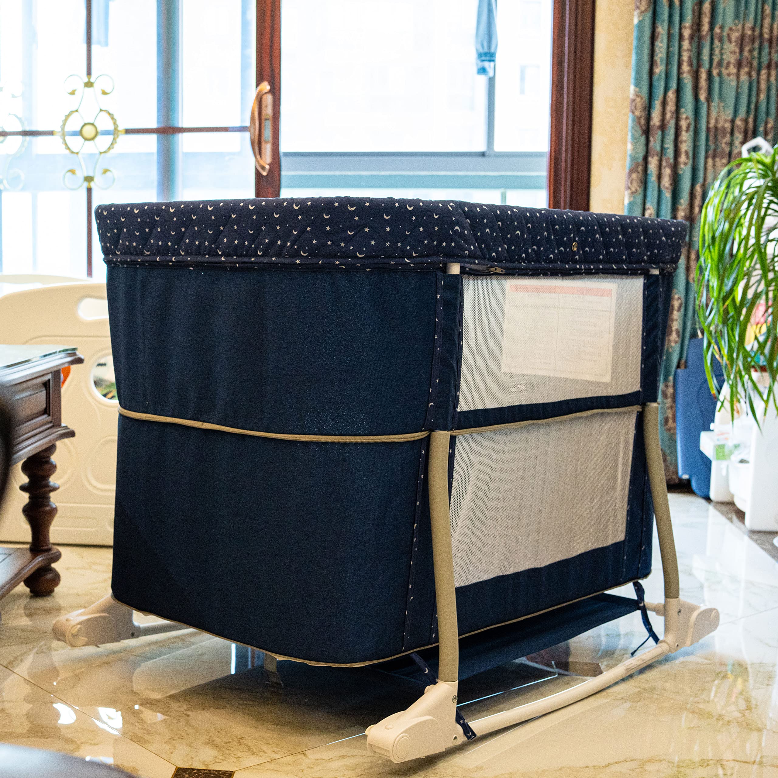 Portable 3-in-1 Baby Bassinet on Wheels - Adjustable Bedside Sleeper, Rocking Crib & Playard with Breathable Mesh, Detachable Mosquito Net, Vibration Music Box & Night Light (Navy Blue) - Perfect for Nursery, Bedroom & Travel Use