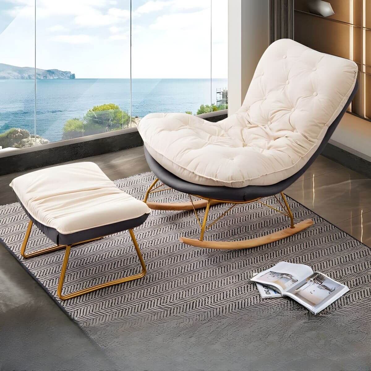 Modern Flannel Upholstered Rocking Chair with Removable Back Cushion - Comfortable Indoor Lounge Chair for Nursery, Living Room & Reading Nook