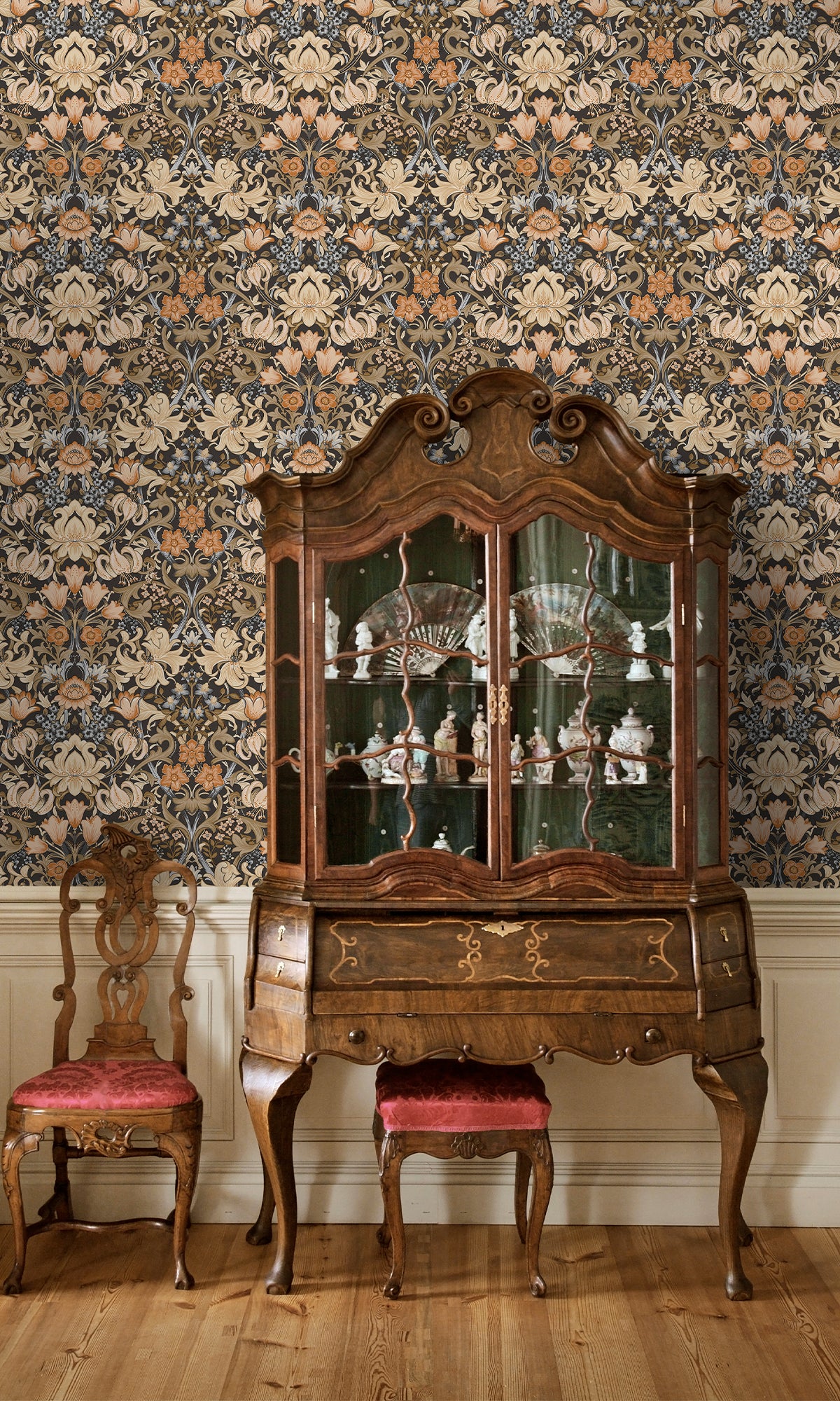 Charcoal and Orange Elegant Floral Damask Wallpaper R9635 - Premium Peel and Stick Wallpaper for Living Room, Bedroom, Dining Room Decor