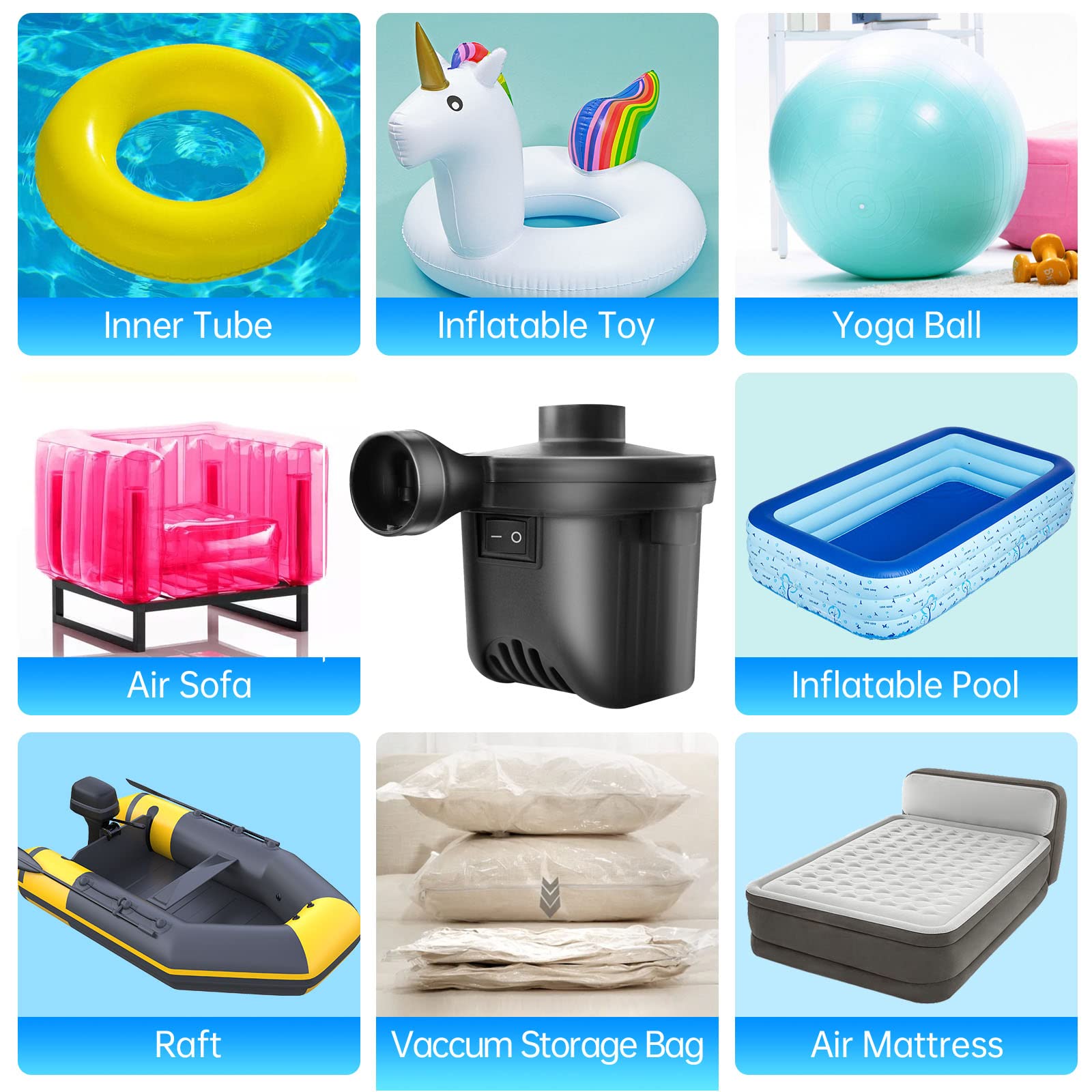 Electric Air Pump for Inflatable Mattress, Couch, Pool Floats - Fast Inflation & Deflation with 3 Nozzles - 110V AC/12V DC Power - Perfect for Camping, Boating, Pool Parties & Home Use