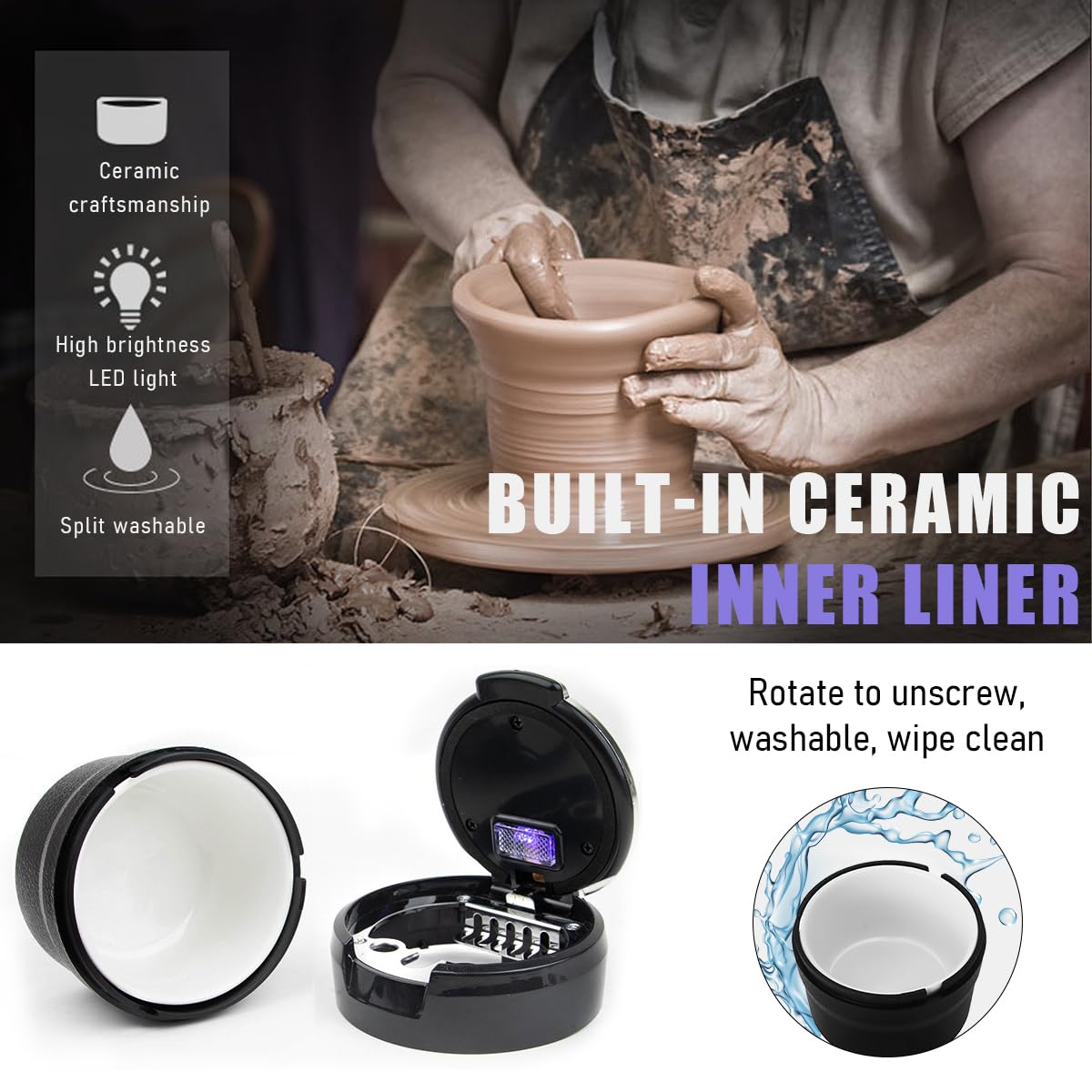 Premium Car Ashtray with Lid & LED Light - Detachable Auto Cup Holder Ashtray for Vehicles, Home & Office - Universal Car Accessories for Smoke-Free Interior (Black) - Perfect for Road Trips, Commuting & Indoor Smoking Areas