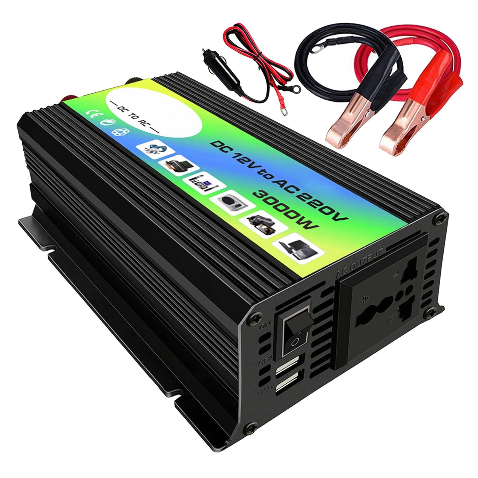 FAKEME 300W Power Inverter DC 12V to AC 220V with 2 USB Ports & 2 AC Outlets - Car Battery Charger Adapter for Laptops, Phones, Small Appliances - Perfect for Road Trips, Camping & Emergency Power Backup (Black)