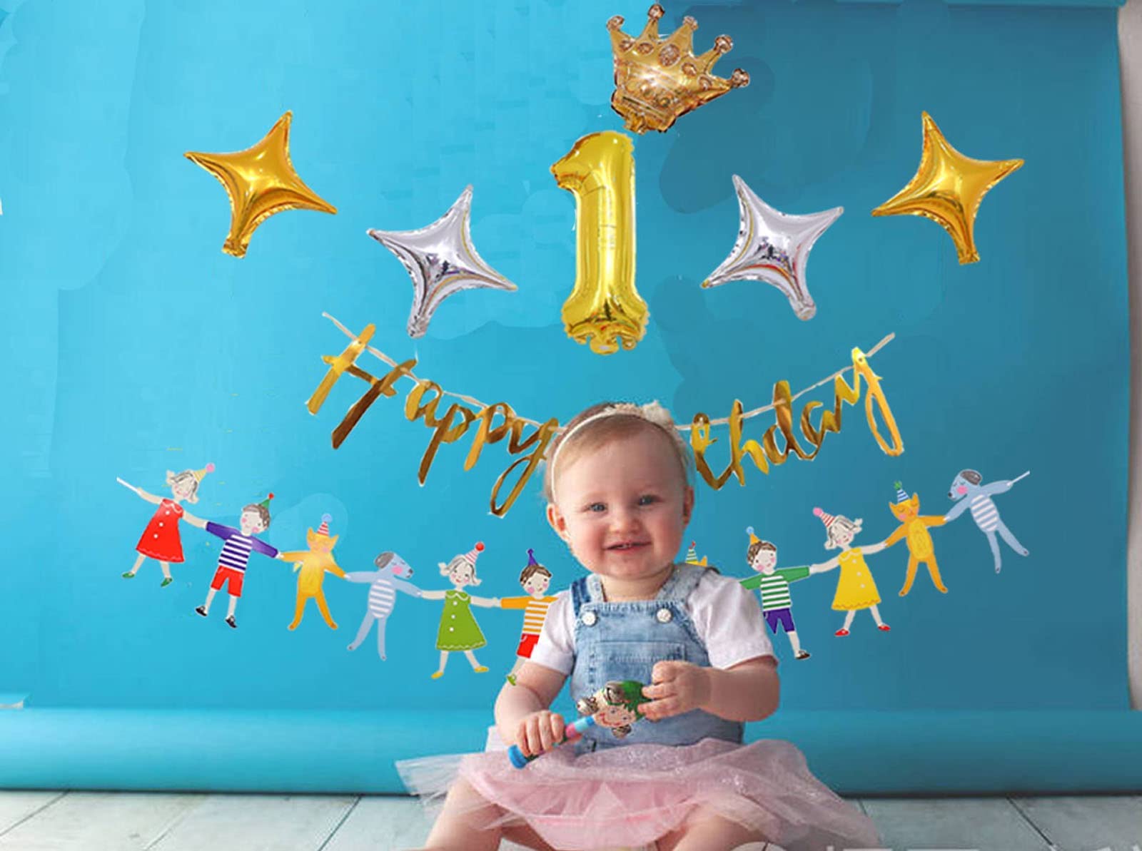 Royal Princess & Prince Birthday Balloon Decorations Kit - Gold Birthday Banner, Hand-Holding Banner, Crown Balloon, Number Balloon, Gold & Silver Star Balloons for Kids Birthday Party Decor, Baby Shower, Gender Reveal Celebration