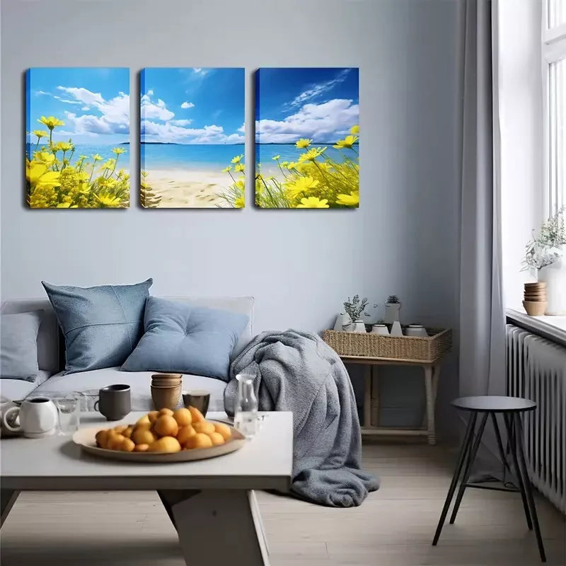 3-Piece Yellow Flowers On The Beach Wall Art Set - Framed Canvas Prints 40x60cm - High Quality Australian Made - Ready to Hang - Perfect for Living Room, Bedroom & Office Decor
