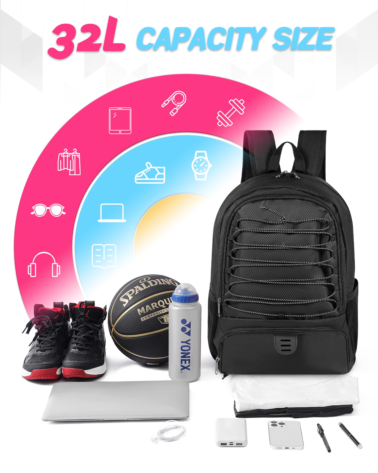30L Lightweight Breathable Basketball Backpack for Men & Women - Sports Bag with Separate Ball & Shoe Compartments - Perfect for Basketball, Soccer, Volleyball, Football, Gym, School & Travel