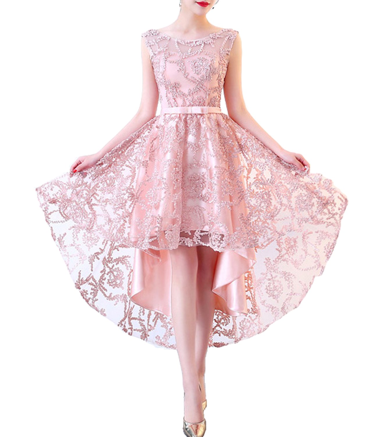 Off Shoulder Cap Sleeve Lace Corset Prom Dress for Women - Homecoming Dress with High Low Hem in Pink Size 14 | Perfect for Formal Dances, Weddings & Special Occasions