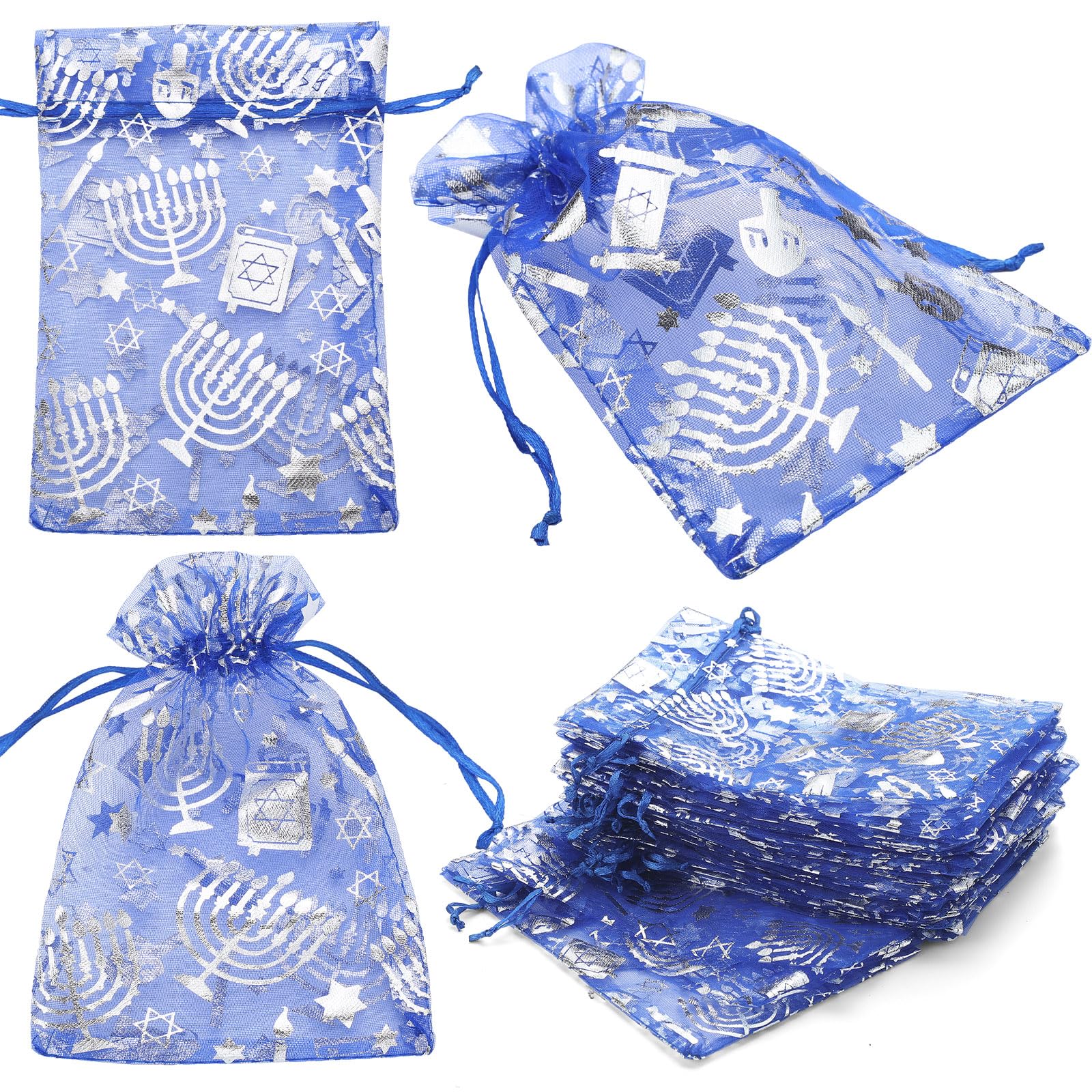 60-Piece Hanukkah Sachet Bags - Mesh Gift Bags for Chanukah Party, Candy, Milk Chocolate Coins & Cookies - Perfect for Hanukkah Celebrations, Gelt Giving & Holiday Treats