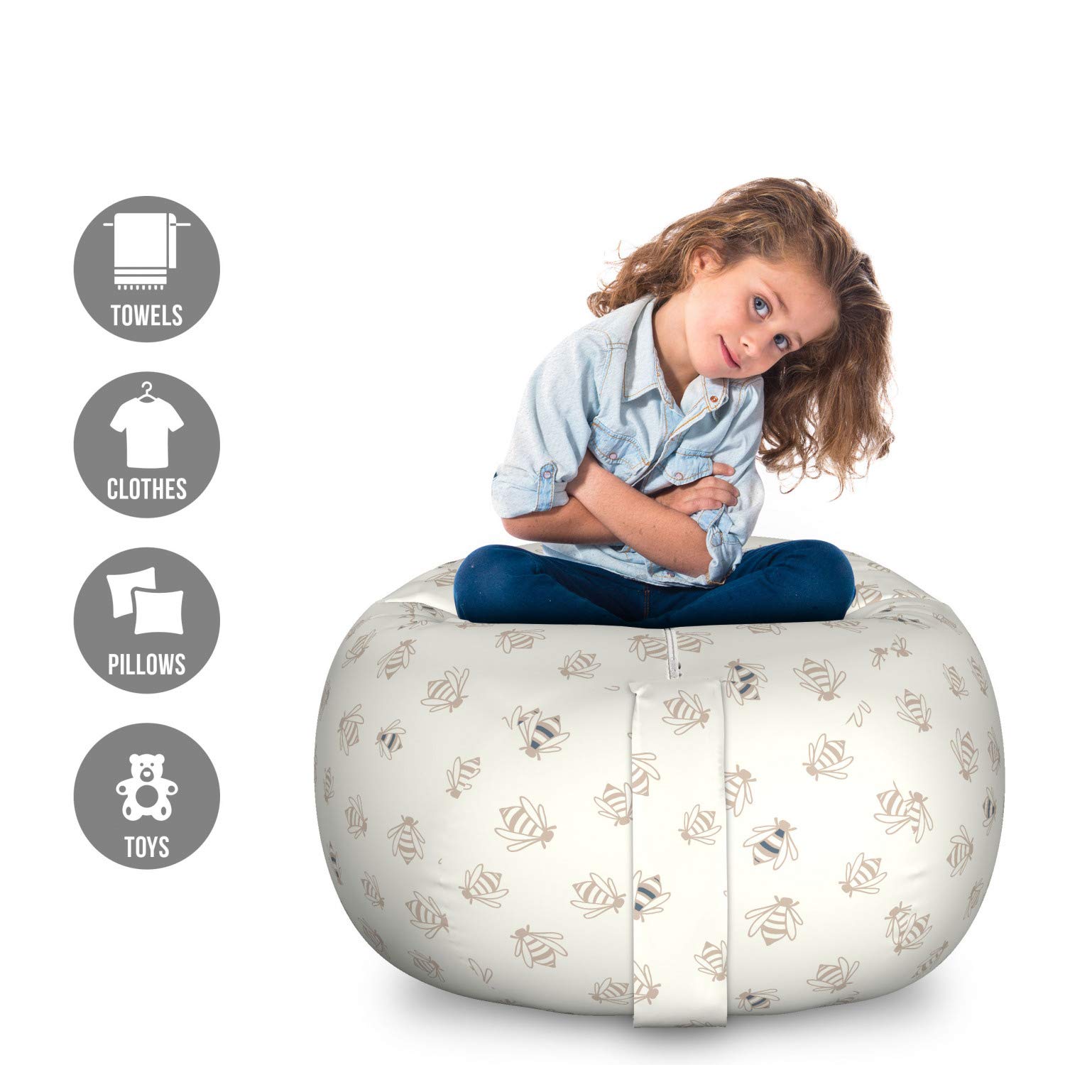 Ambesonne Bees Toy Storage Bag Chair - Large Washable Stuffed Animal Organizer with Honey Bee Wildlife Illustration, Coconut Warm Taupe - Perfect for Kids' Room, Nursery, Playroom & Dorm Organization