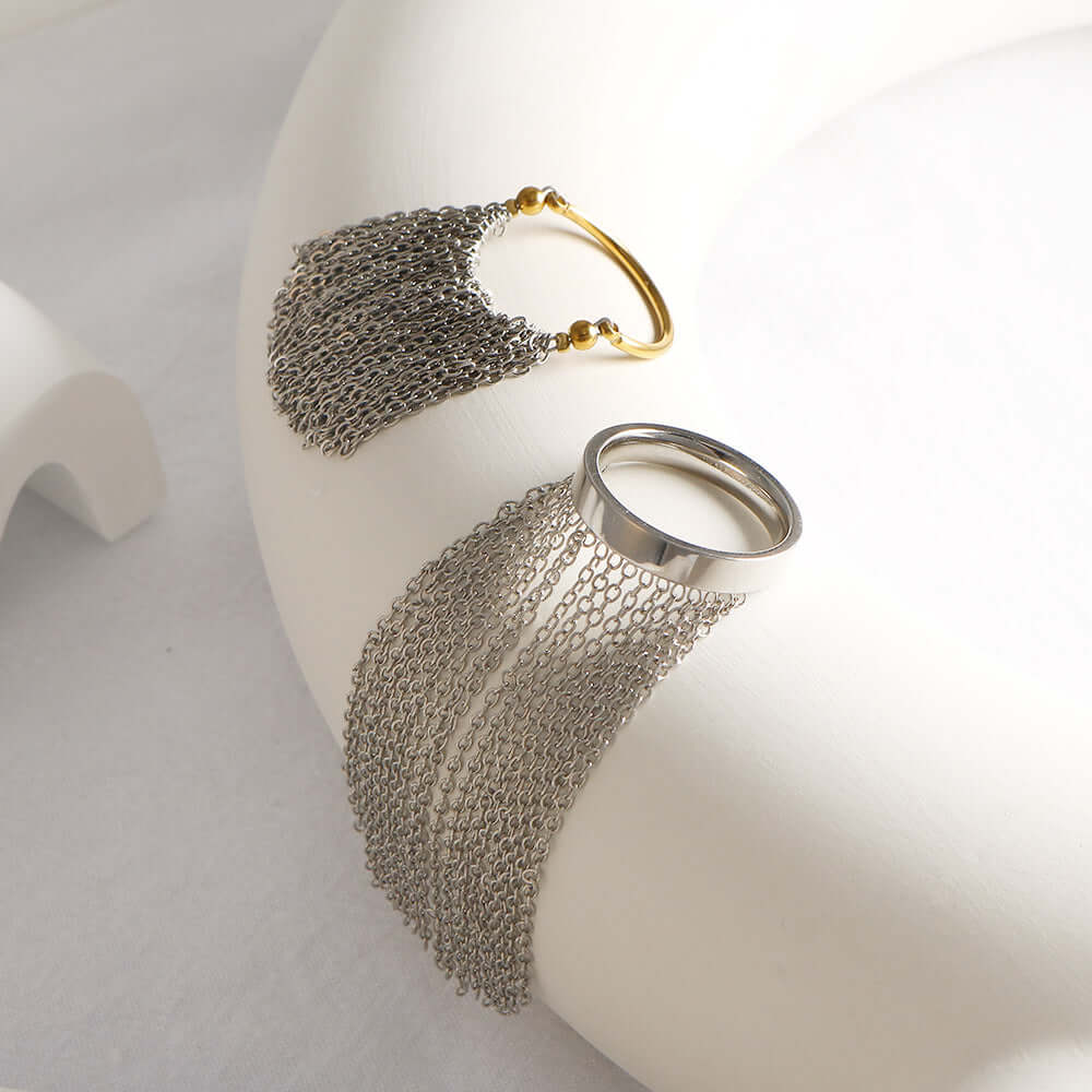 Exaggerated Gold and Silver Two-Tone Tassel Chain Ring for Women | Trendy Boho Jewelry for Parties, Weddings & Everyday Wear | JDR041