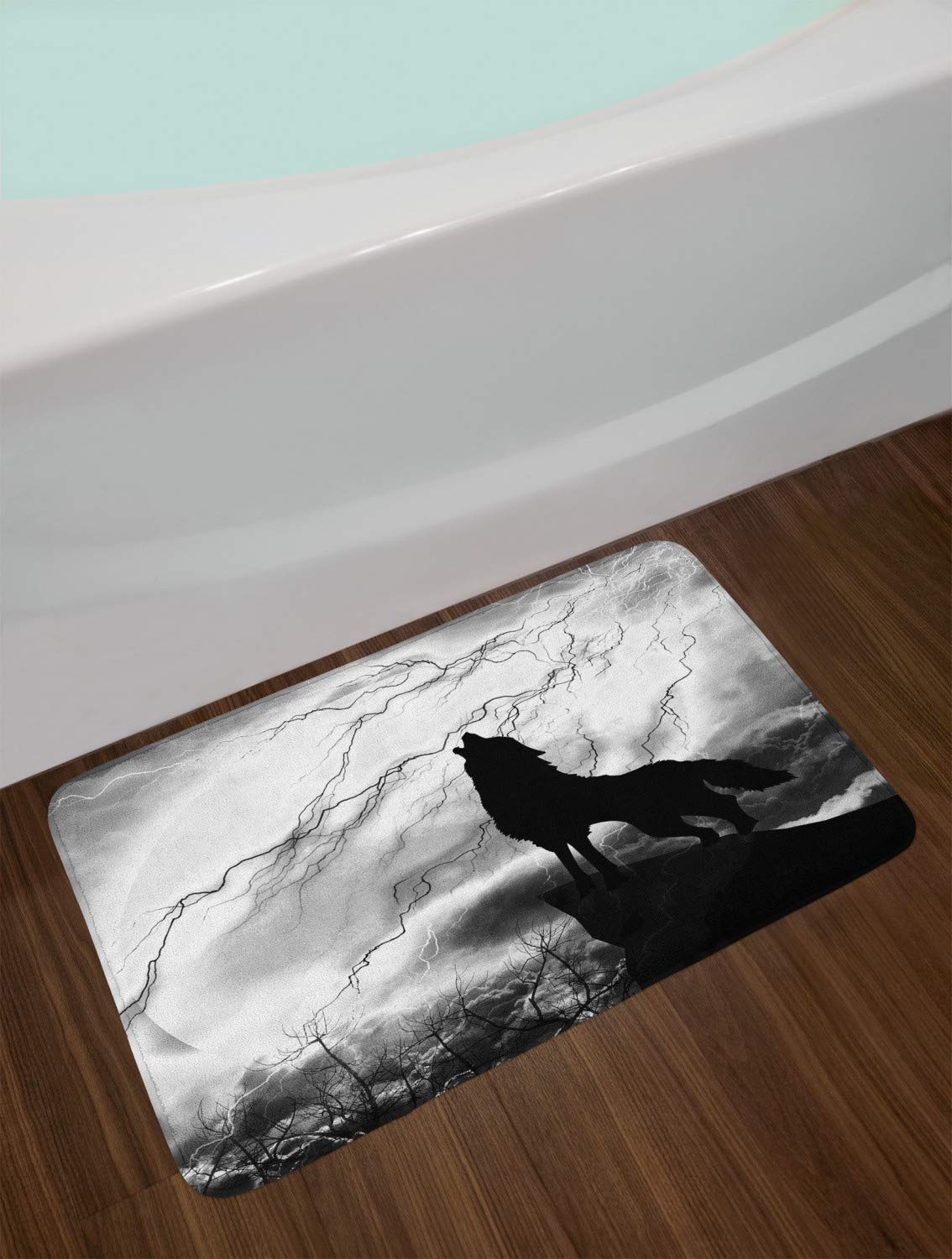 Ambesonne Wolf Bath Mat - Non-Slip Plush Bathroom Rug with Howling Wolf Silhouette Under Full Moon, 30.2 x 20 Inches, Black Grey & White - Perfect for Modern, Gothic or Nature-Themed Bathroom Decor