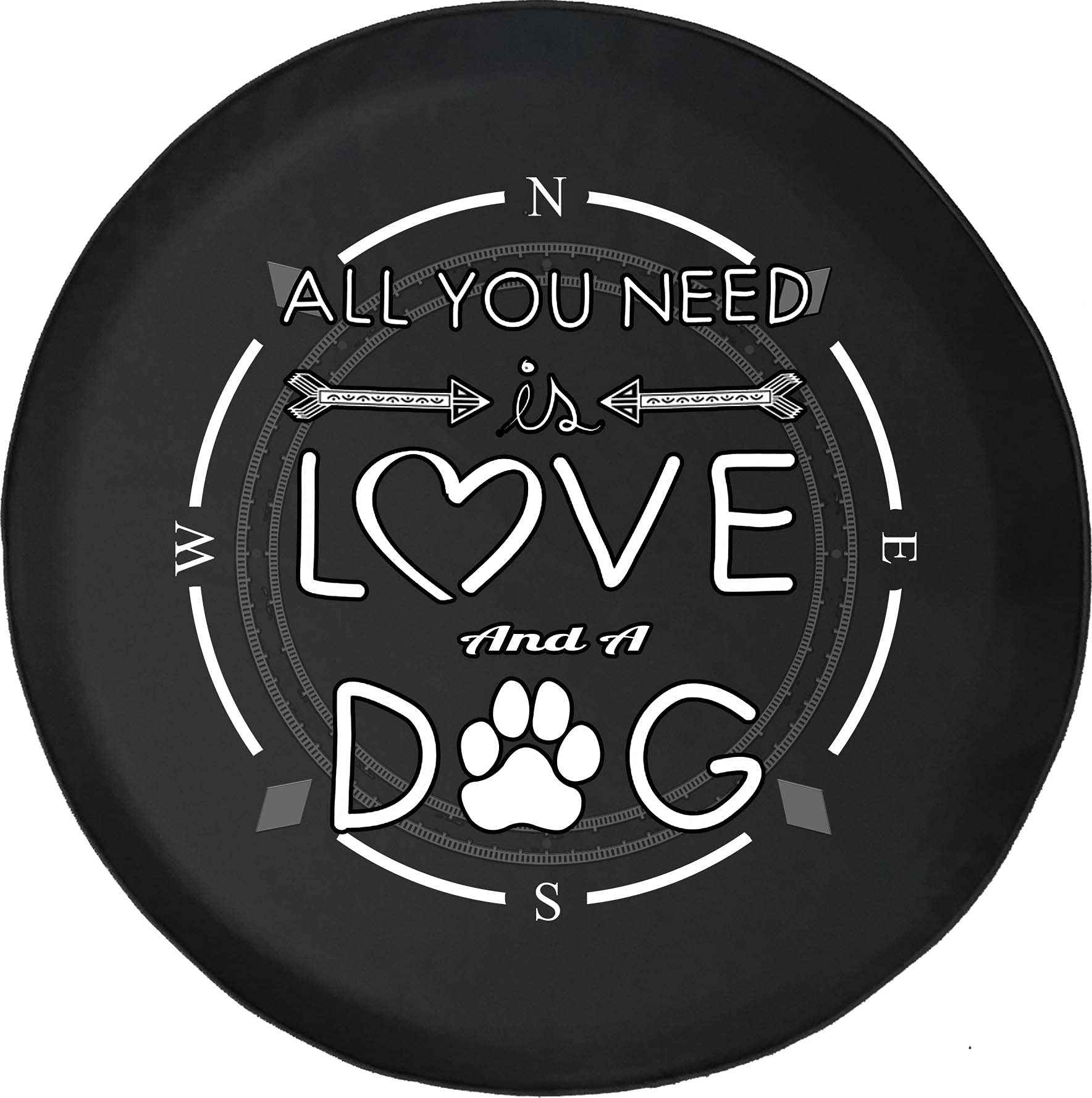 American Unlimited Spare Tire Cover with Compass Design - 'All You Need is Love and a Dog' Wheel Cover for SUV, Trailer, RV Accessories & Most Vehicles - Perfect for Road Trips, Camping & Outdoor Adventures