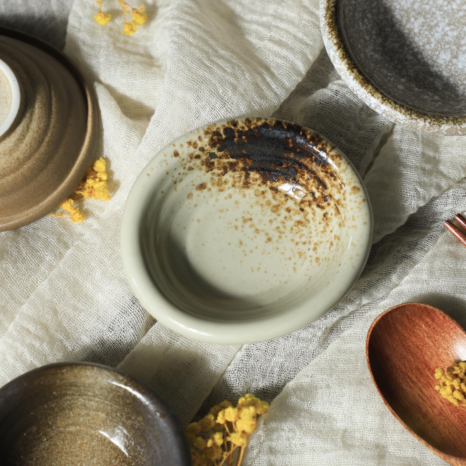 Set of 5 Japanese Vintage Style Ceramic Dipping Bowls - 3.5 Inch Small Side Dishes for Soy Sauce, Wasabi & Seasonings - Perfect for Sushi, Ramen & Asian Dining