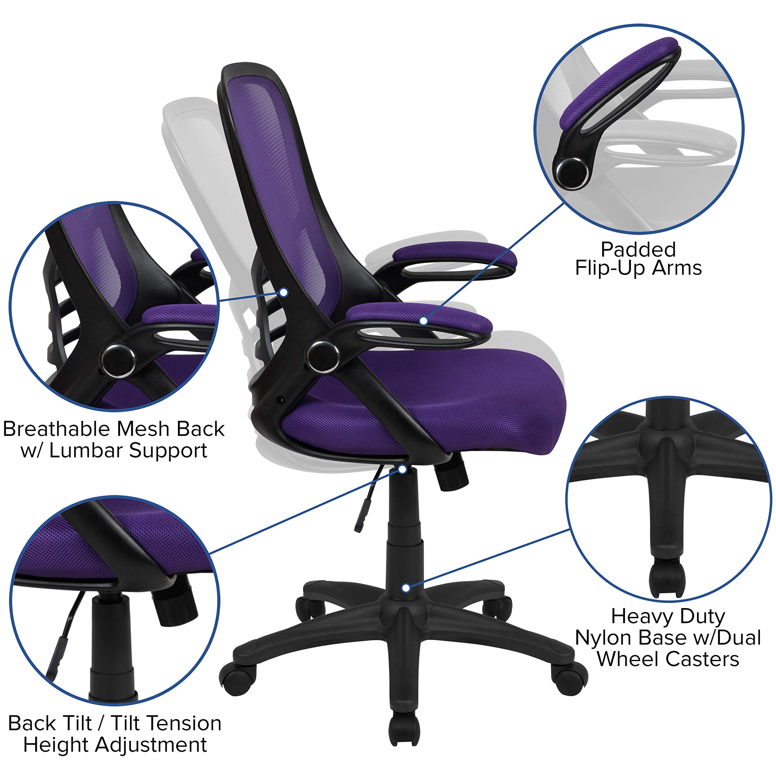 Ergonomic High Back Purple Mesh Office Chair with Black Frame & Flip-Up Arms - Perfect for Home Office, Gaming & Workspace Comfort