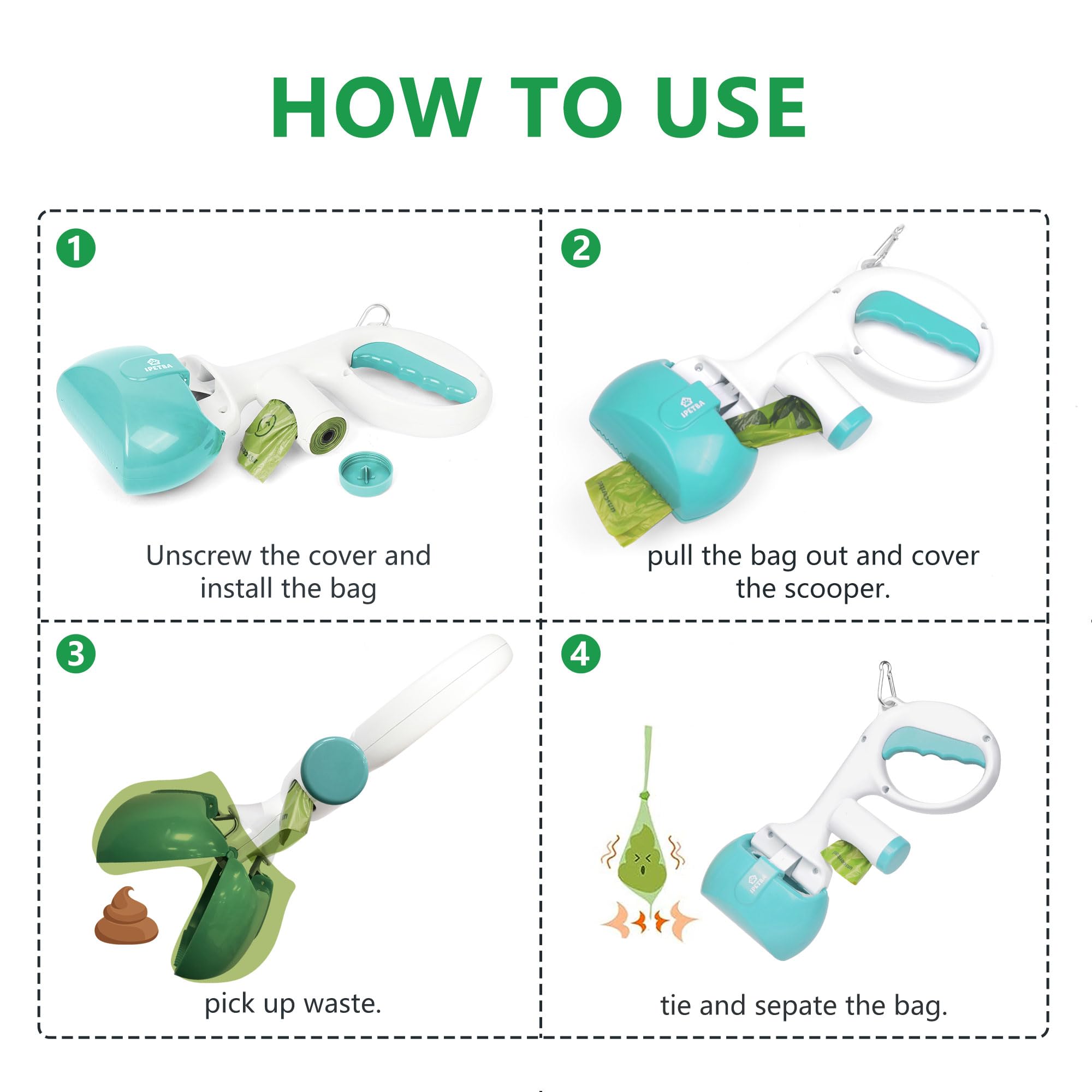 3-in-1 Portable Dog Poop Scooper with Bags - Lightweight Pet Waste Picker Upper for Lawns, Grass, Dirt & Gravel | Kid-Friendly Dog Pooper Scooper for Easy Backyard Cleanup & Park Walks