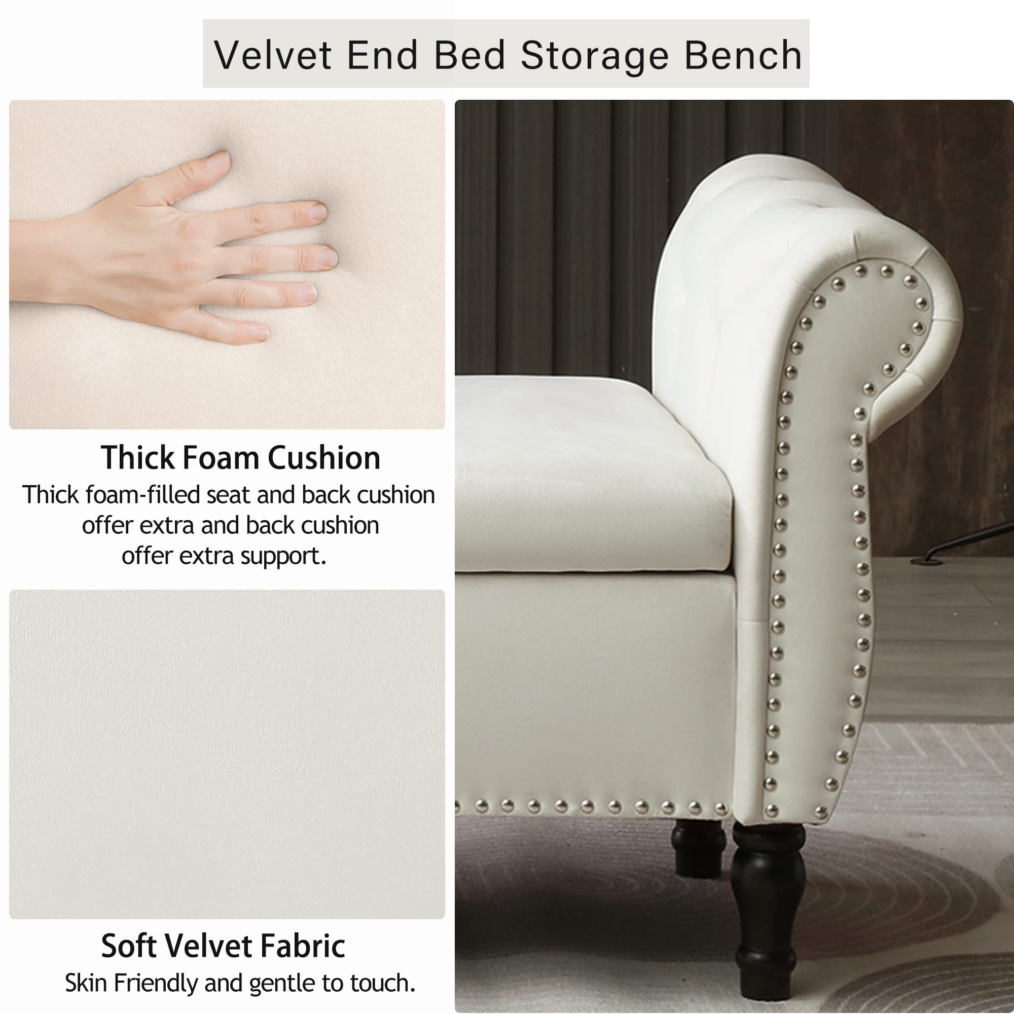 Homtique Velvet Storage Ottoman Bench with Nailhead Trim - Large Upholstered Footstool with Hidden Storage for Living Room, Bedroom & Entryway (Beige) | Perfect for Extra Seating, Footrest & Home Organization