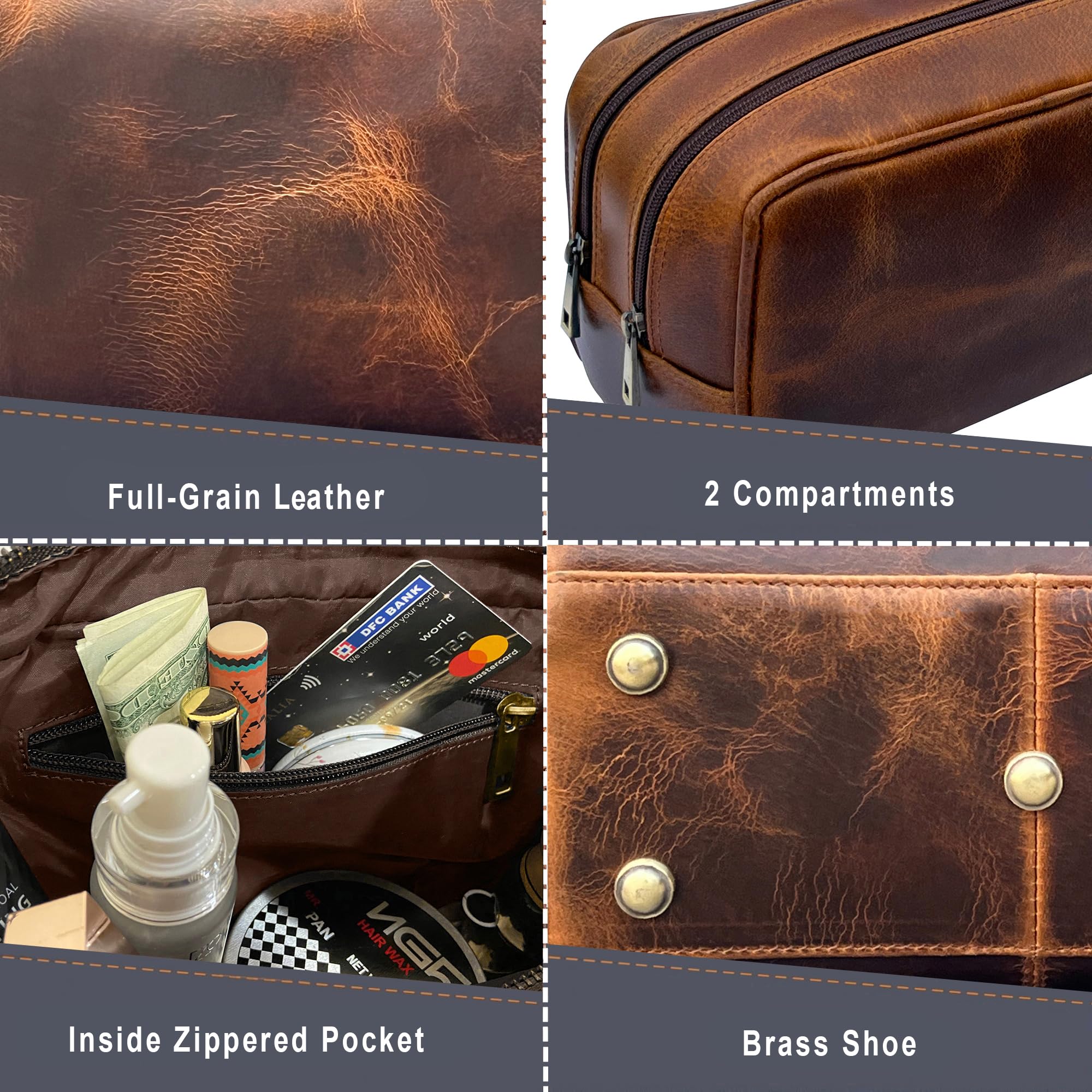 RUSTIC TOWN Genuine Leather Toiletry Bag for Men & Women - Premium Travel Shaving Dopp Kit with Multiple Pockets - Waterproof Bathroom Shower Organizer - Vintage Cosmetic Bag (Antique Brown) - Perfect for Camping, Business Trips & Gym Essentials