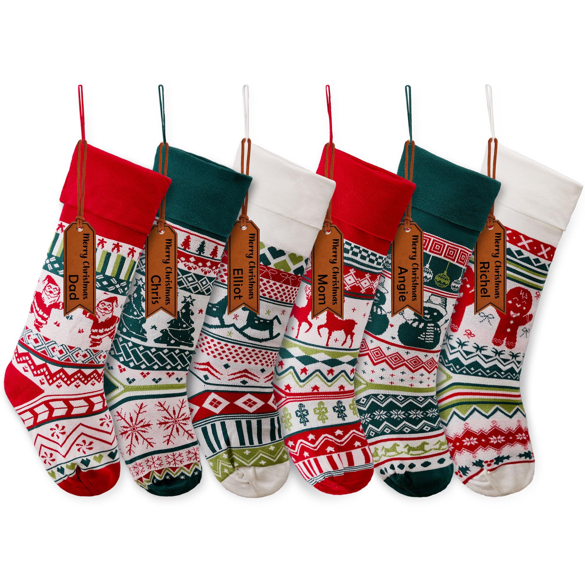 Mostop 6 Pack Christmas Stockings - 21 Inch Large Cable Knit Holiday Stockings with Snowflake, Reindeer & Snowman Designs - Festive Xmas Decor for Fireplace, Mantel & Family Gatherings