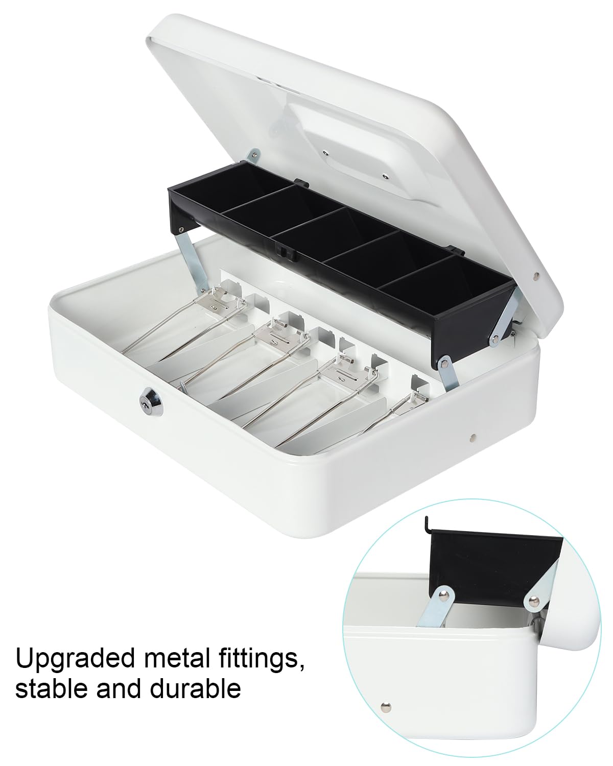 Heavy Duty Metal Cash Box with Money Tray & Lock - 11.8 x 9.5 x 3.54 Inches Secure Lockbox for Cash, Coins, Valuables - Ideal for Home, Office, Retail Store & Small Business Use (White)