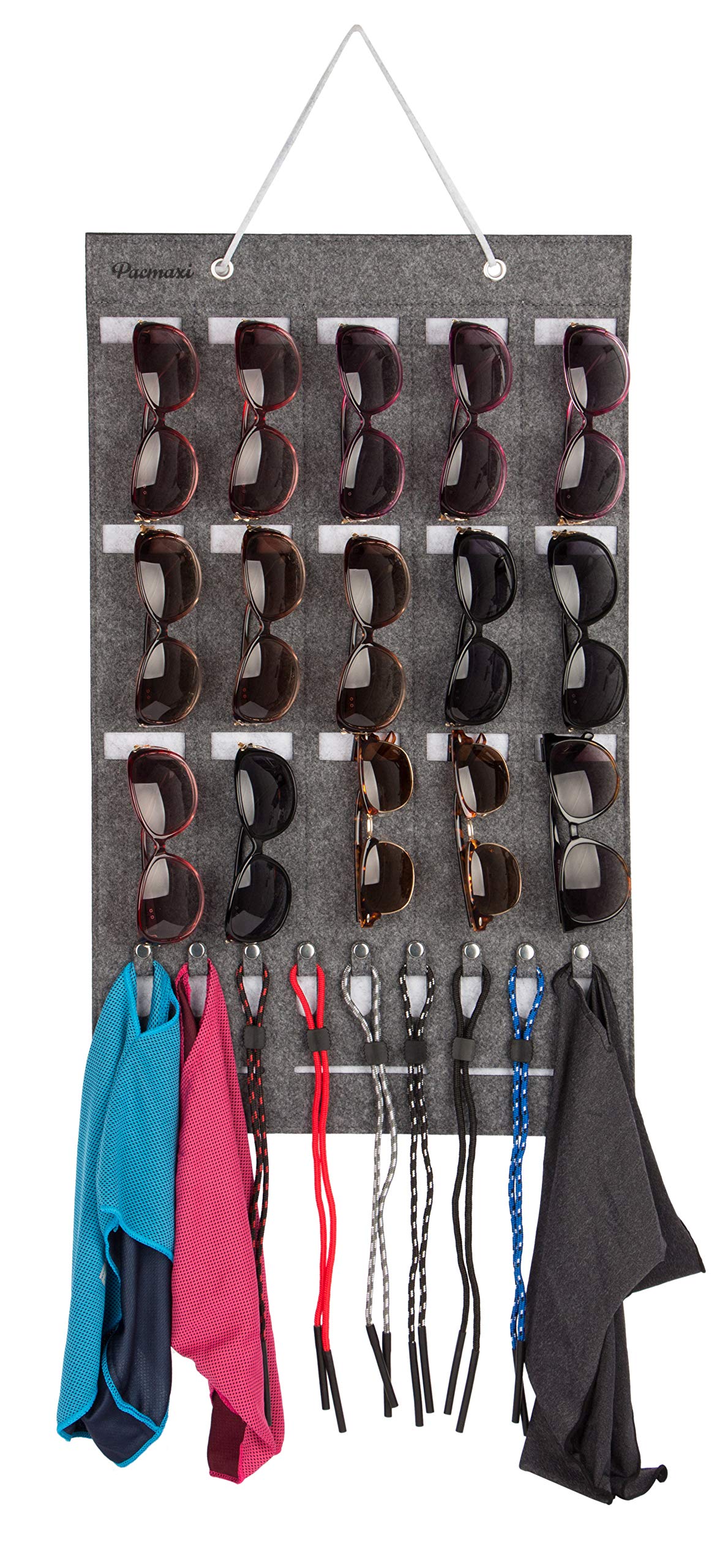 PACMAXI Sunglasses Storage Organizer - Wall Mounted Eyeglass Holder with Pockets for Hanging Sunglasses & Eyewear Display - Perfect for Home, Office, or Retail Store Organization