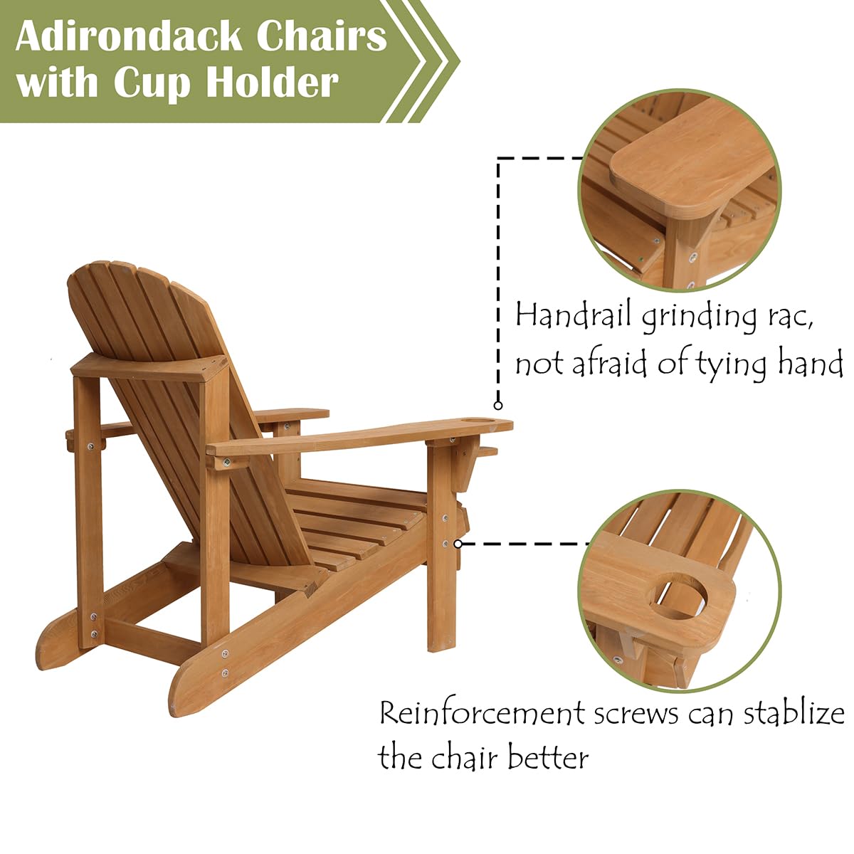 LuxenHome Folding Adirondack Chair - Sturdy Fir Wood Outdoor Lounge Chair with Cup Holder for Patio, Poolside, Garden & Backyard - Comfortable Oversized Fire Pit Seating for Relaxing & Lounging
