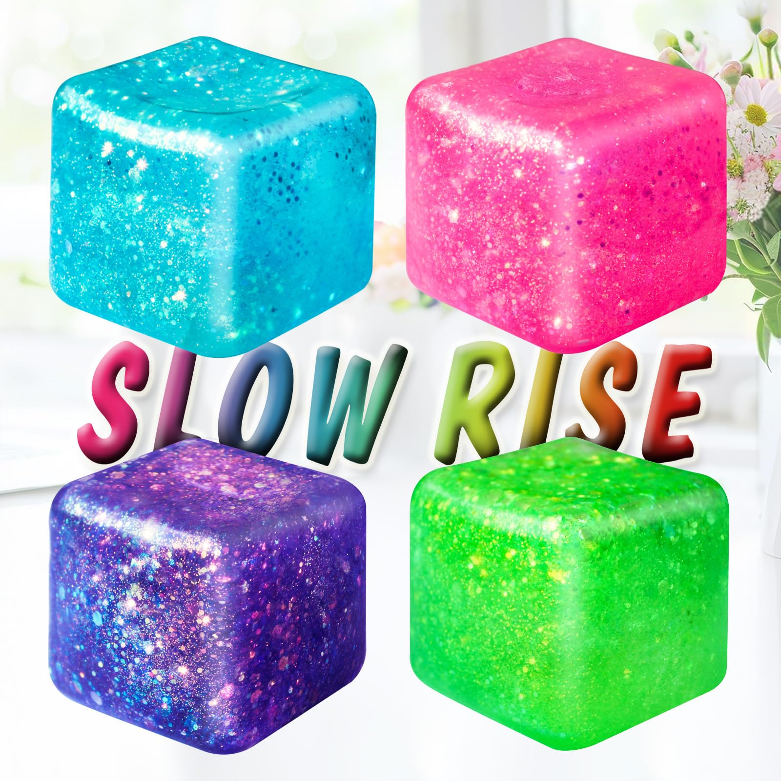 4Pcs Slow Rise Glitter Squishy Stress Relief Cubes - High Density Gel Fidget Toys for Adults & Kids, Anxiety Relief Sensory Toys for Classroom, Office, Travel | Perfect Holiday, Birthday Gifts for Friends & Family
