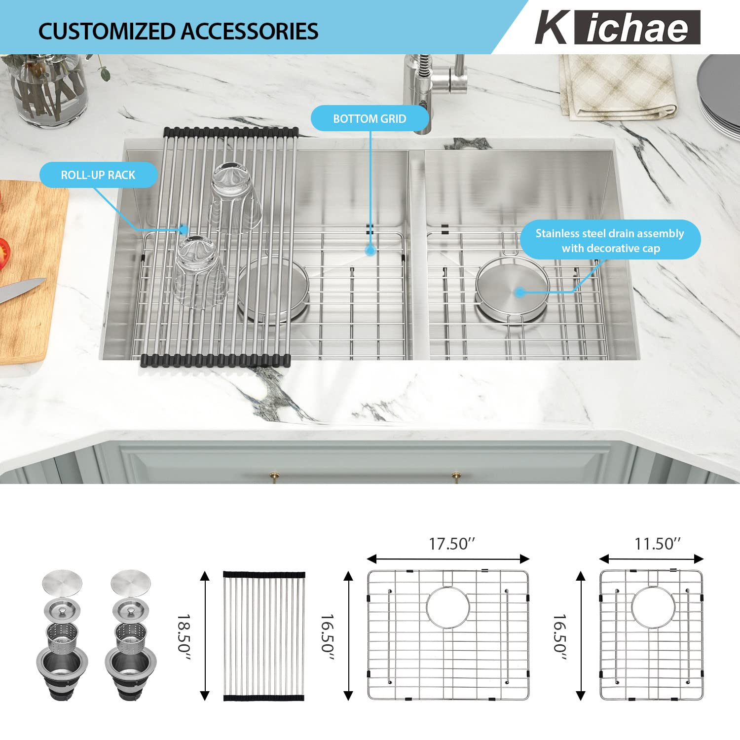 Kichae 33 Inch Undermount Double Bowl Stainless Steel Kitchen Sink - 60/40 Double Basin, 18 Gauge, 33x19 Inches - Perfect for Modern Kitchens, Food Prep, and Dishwashing