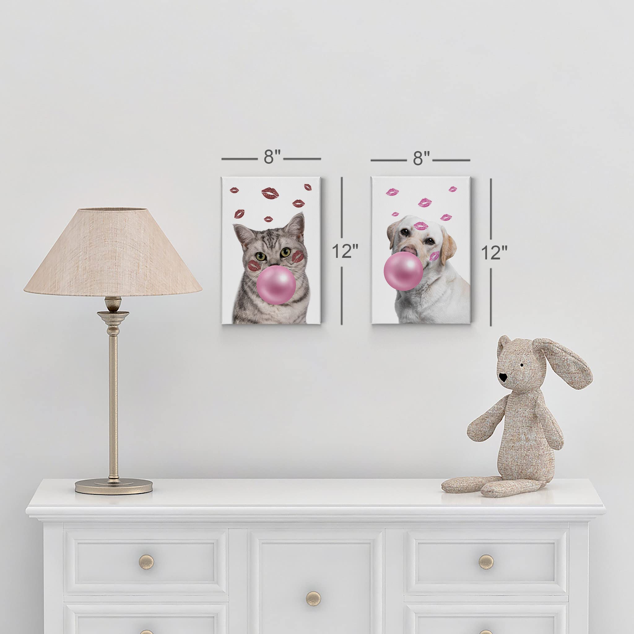 Brazilian Shorthair Cat & Golden Retriever Dog Chewing Bubble Gum Pop Art Canvas Prints Set - 2 Panel Animal Portrait Wall Decor for Living Room, Bedroom, Nursery (28x19 inches) - Perfect for Pet Lovers & Modern Home Decor