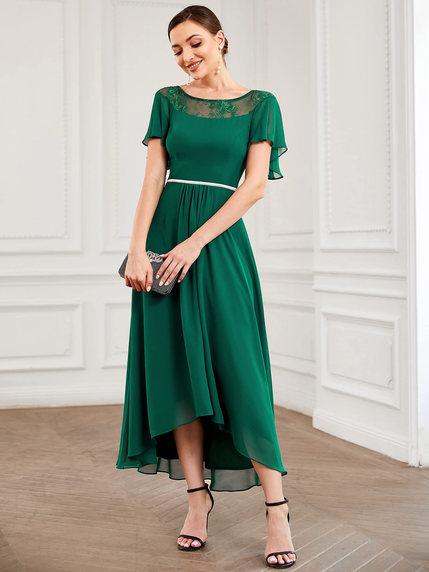 Ever-Pretty Women's Ruffled Sleeve Bridesmaid Dress - High-Low Beaded Chiffon Midi Dress for Wedding Party, Mother of The Bride & Formal Occasions (Style 00465) | Perfect for Weddings, Proms & Special Events