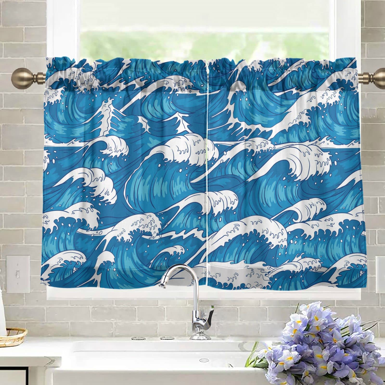 DOMIKING Vintage Japanese Cherry Blossom Kitchen Curtains 36 Inch - Light Filtering Tier Curtains Set of 2 Panels (27