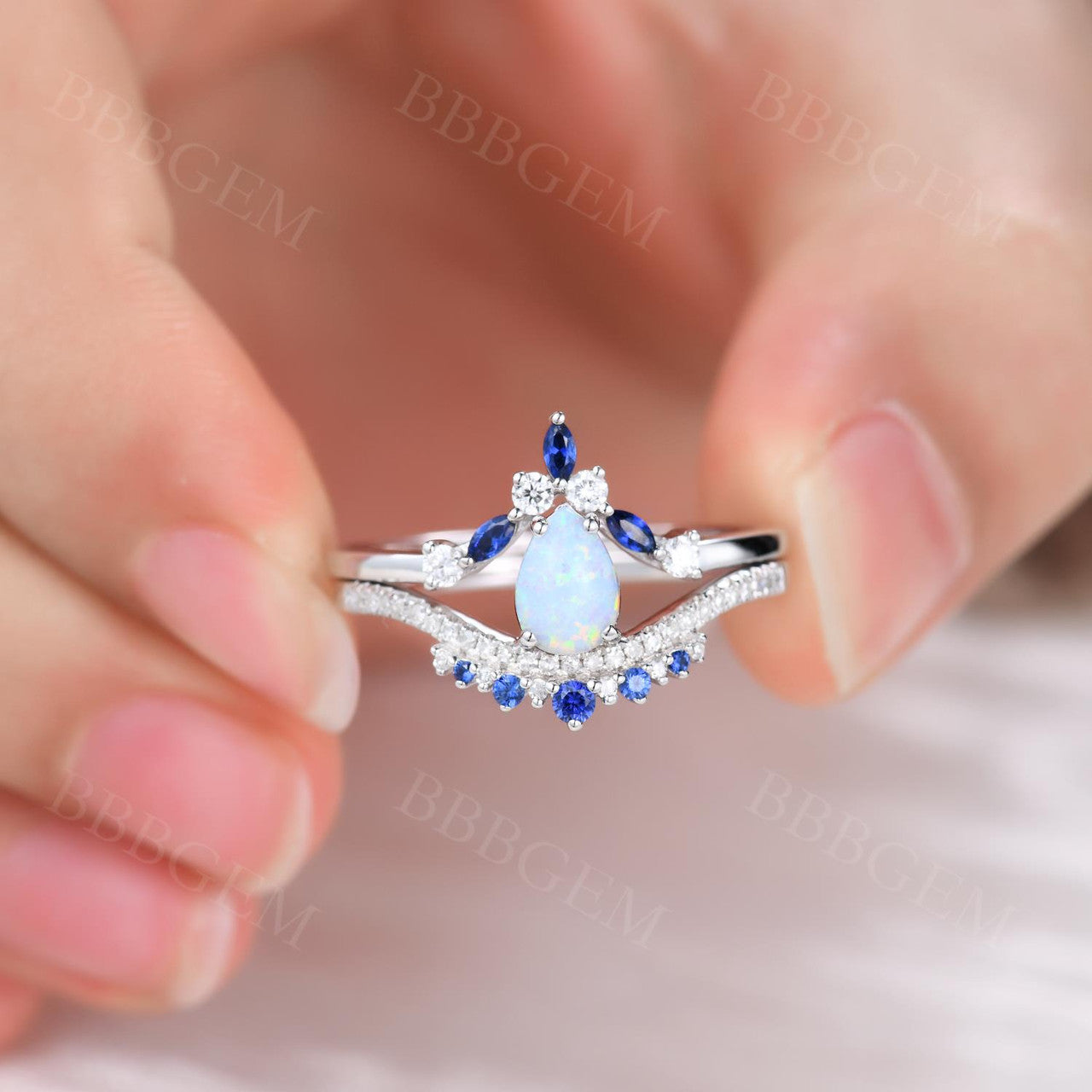 Pear Shaped Opal Engagement Ring with Diamond Accents & Blue Sapphire Wedding Band - Stackable Bridal Set for Proposal, Anniversary & Special Occasions