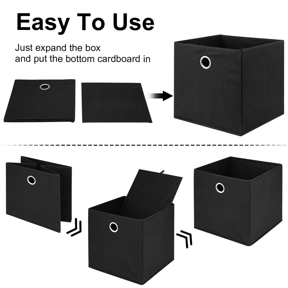 Black Fabric Storage Cubes 11x11x11 Inches - Foldable Cloth Bins with Grommets for Home Organization, Shelves & Drawers | Decorative Cube Inserts for Bedroom, Office & Closet Storage | QY-SC18-6