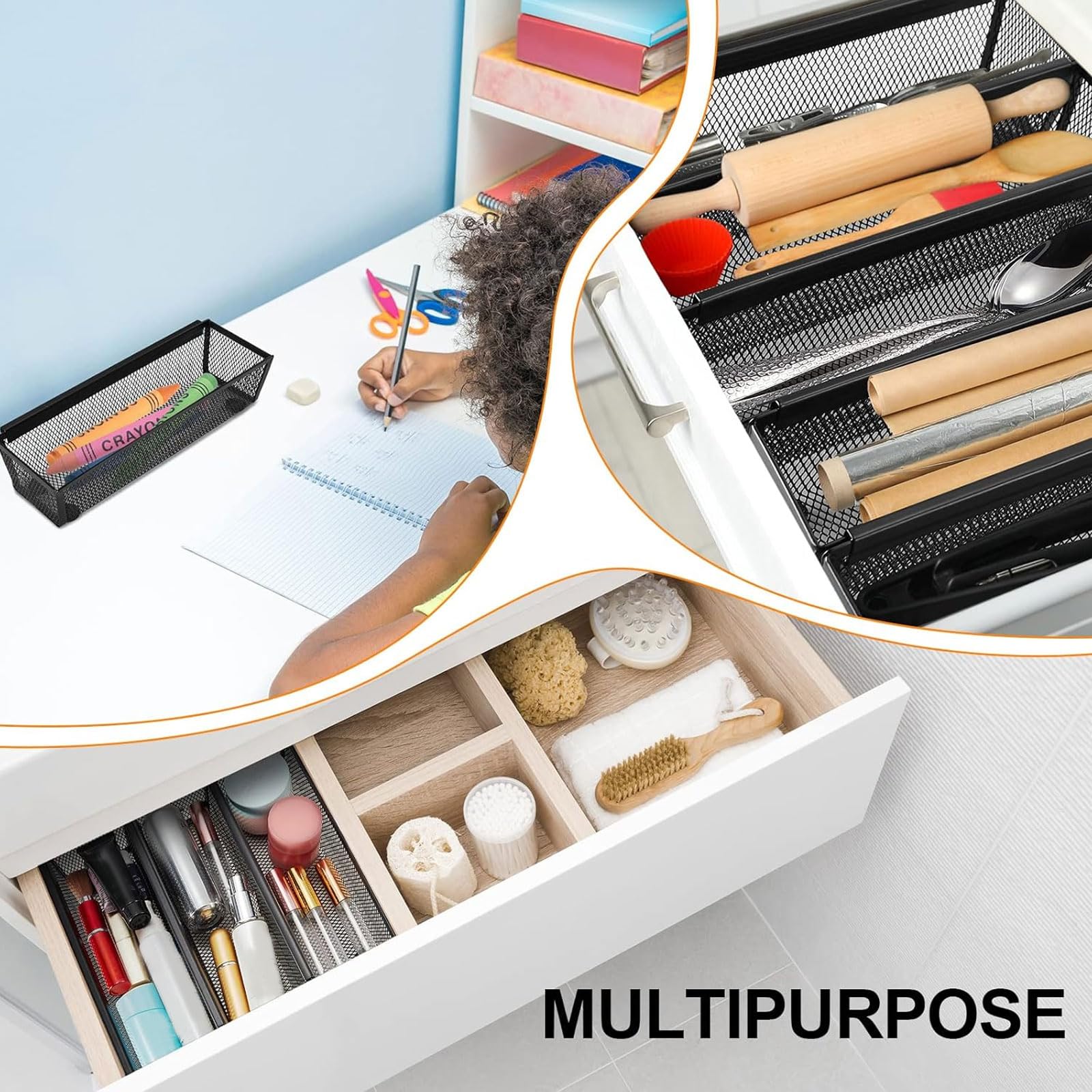 Chumia 10-Piece Silverware Drawer Organizer Set - Mesh Kitchen Utensil Tray with Interlocking Arms for Forks, Spoons, Knives & Makeup - 9 x 3 x 2 Inches - Perfect for Kitchen Drawer & Bathroom Storage Organization