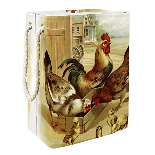 Vintage Farm Rooster Rectangular Laundry Basket - Collapsible Storage Bin for Toys, Clothes & Books - Foldable Storage Box for Bedroom, Nursery & Laundry Room Organization