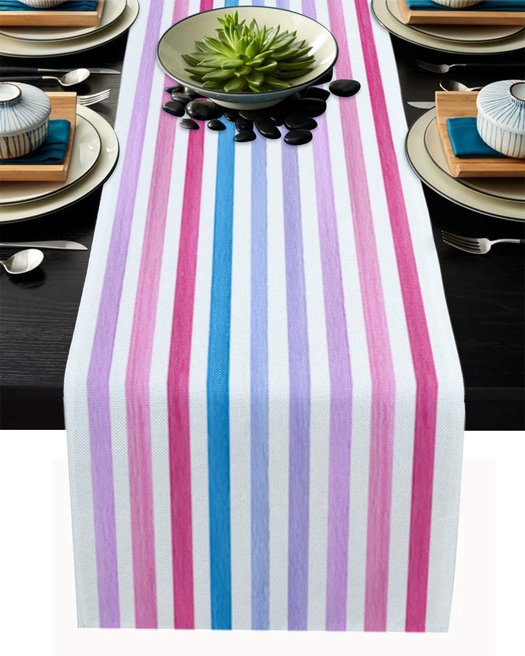 Burlap Linen Table Runner 36 Inch - Watercolor Stripes Farmhouse Decor for Dining Table, Coffee Table, Wedding & Banquet | Rustic Kitchen & Home Decoration Accessory