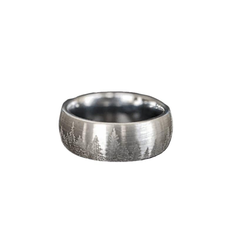 Men's Silver Tungsten Wedding Band - Unique Tree Ring Design, 8mm/6mm Width, Nature Inspired Forest Etching - Durable & Scratch Resistant Jewelry for Outdoor Enthusiasts | Perfect Gift for Him, Anniversary, or Nature Lover