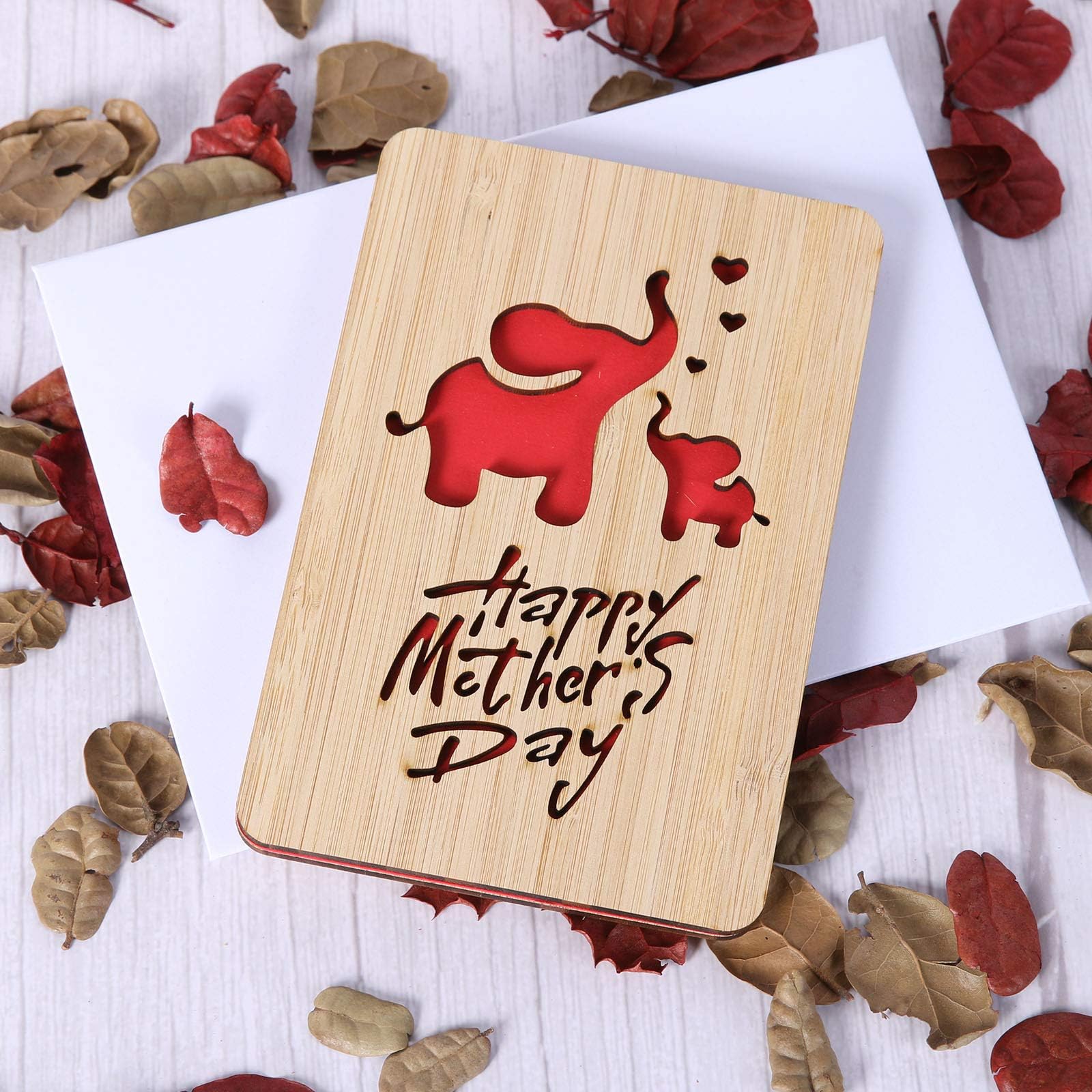 Handmade Bamboo Greeting Cards for Mother's Day - Wooden Thank You & Birthday Cards for Mom - Elephant Pattern Design - Perfect for Mother's Day Gifts, Birthday Presents & Special Occasions