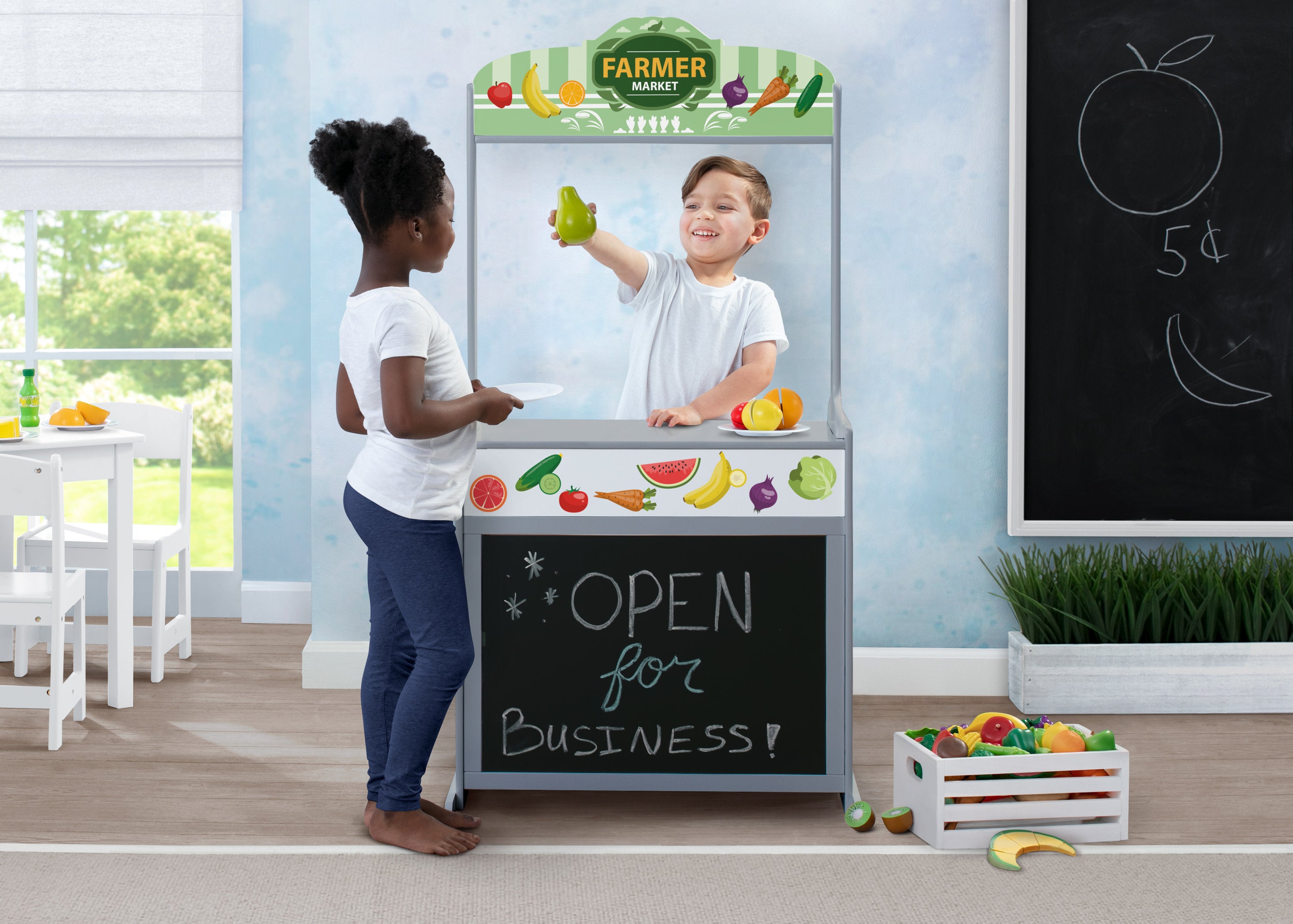 Reversible 4-in-1 Pretend Play Center with Chalkboard & Storage - Kids Activity Table for Drawing, Learning & Imaginative Play - Perfect for Home, Preschool & Daycare