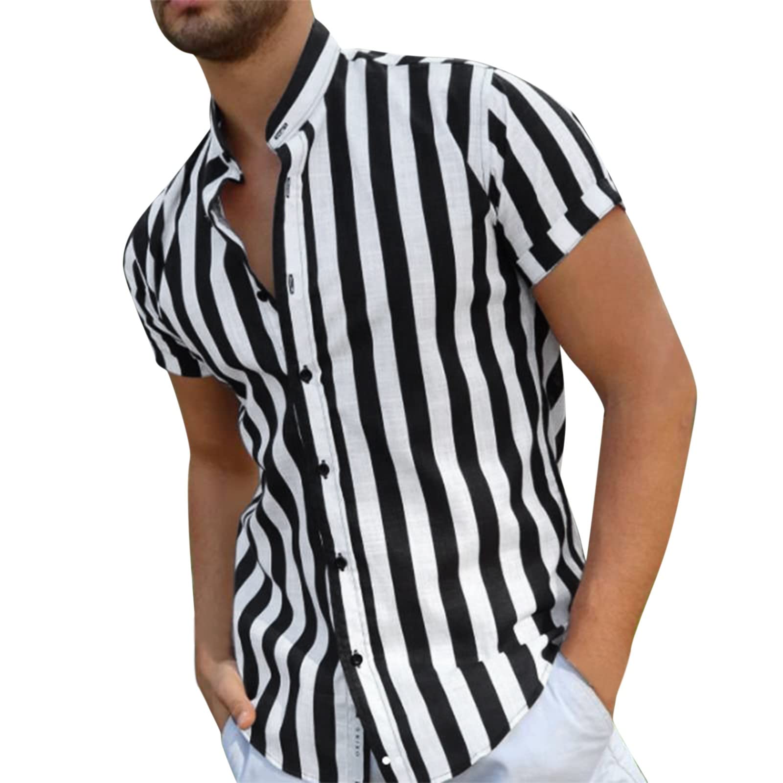 Men's Vertical Striped Casual Button Down Dress Shirts - Summer Short Sleeve Banded Collar Regular Fit Tops in Black | Office Wear & Smart Casual Outfits
