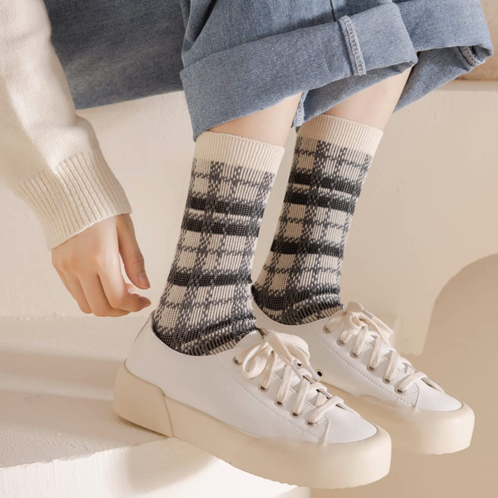 Women's Black and White Plaid Striped Crew Socks - Cotton Mid-Tube Ankle Socks for Girls & Women - Casual Comfort Socks - Perfect Gift Idea for Everyday Wear, School, Work & Outfits