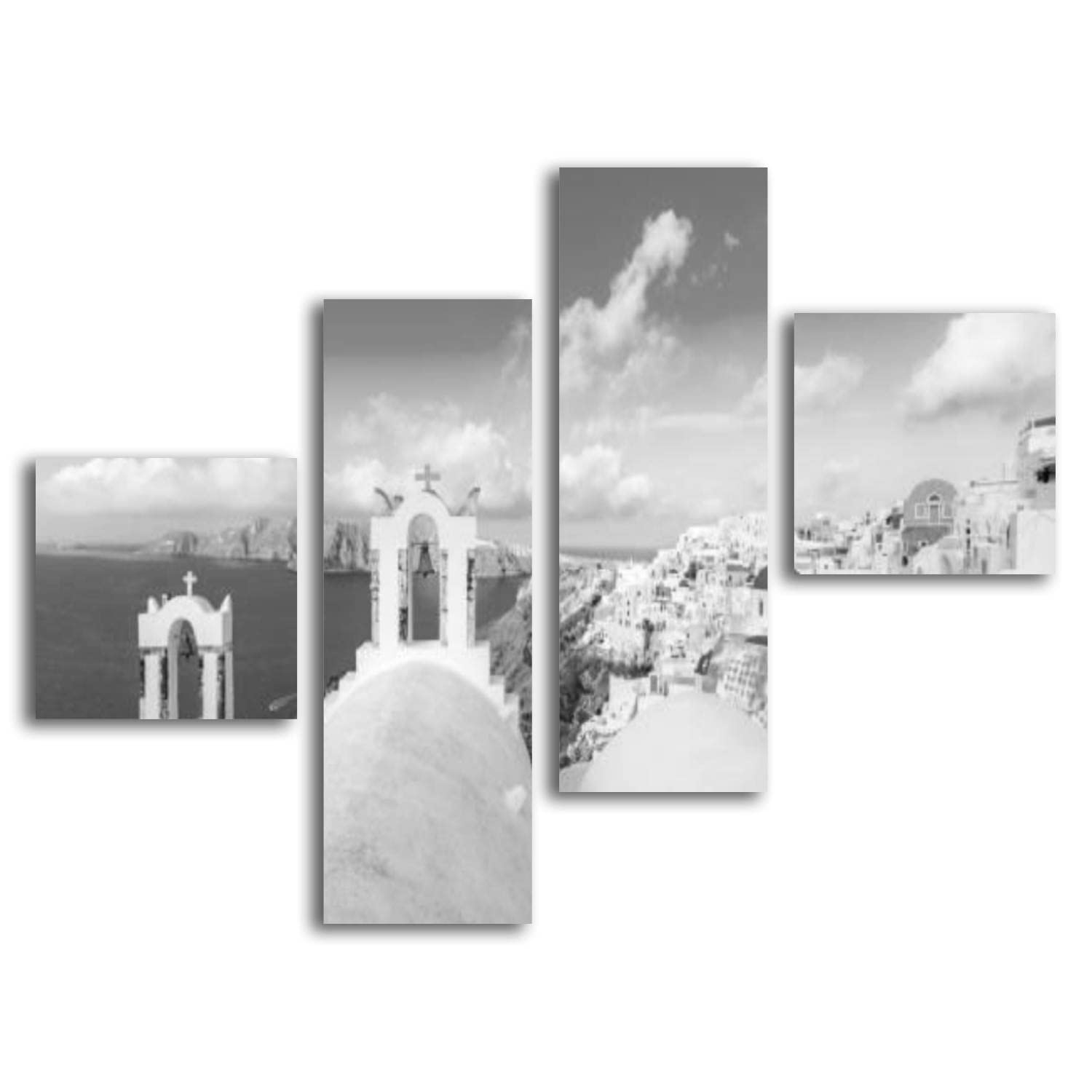 FOBCAUAGE 4-Panel Canvas Wall Art - Santorini Oia Town Greece Landscape Paintings, Traditional Houses & Modern Abstract Prints for Bedroom & Living Room Decor | Perfect for Home, Office & Gift Giving