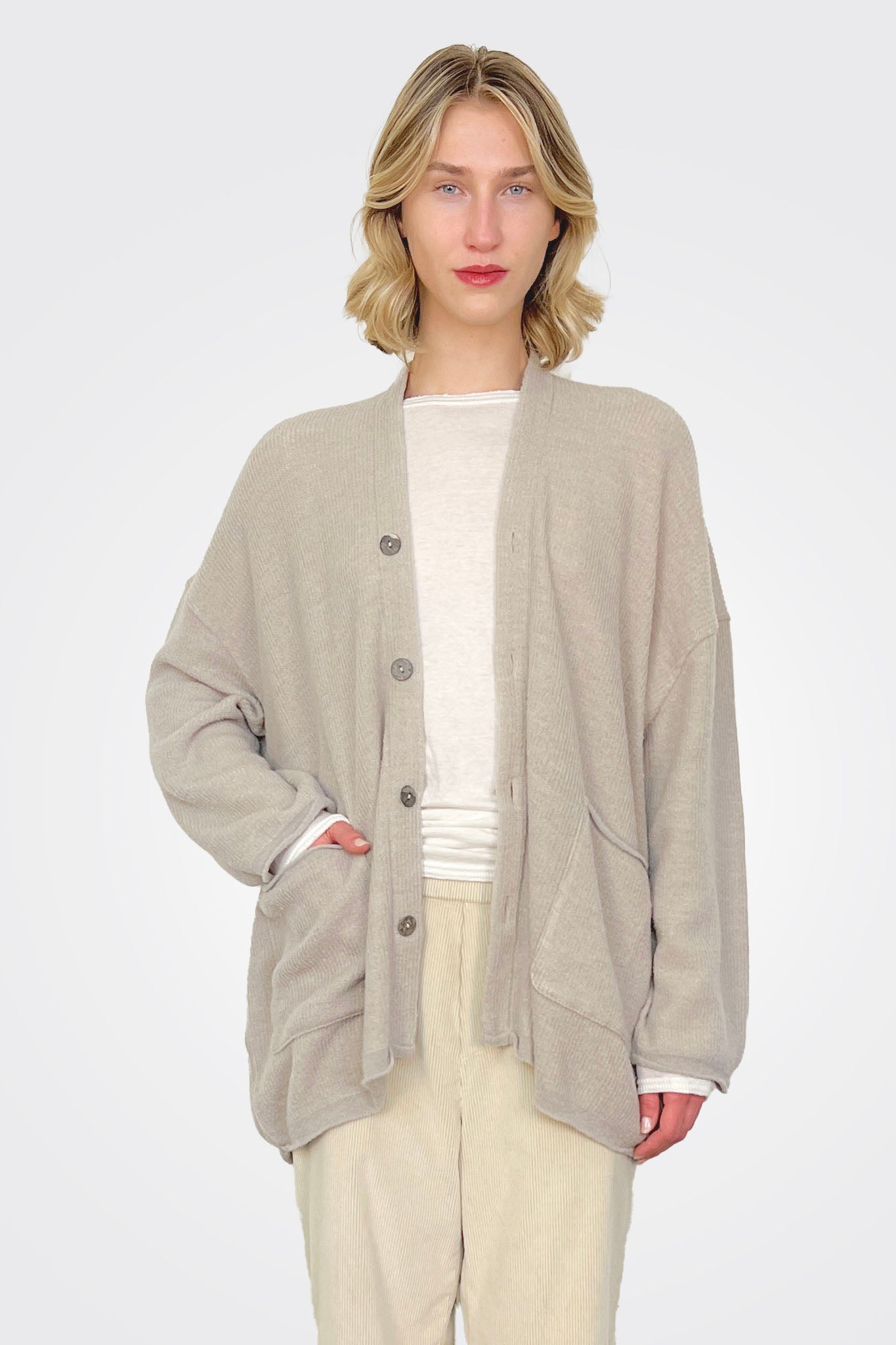 Stylish Greige Fine Boucle Knit Cardigan for Women - Cozy & Elegant Sweater for Fall & Winter Outfits